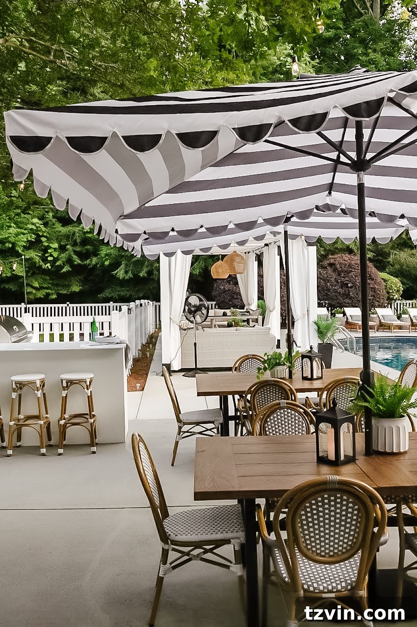 patio tables and chairs with umbrellas beside backyard kitchen and pool