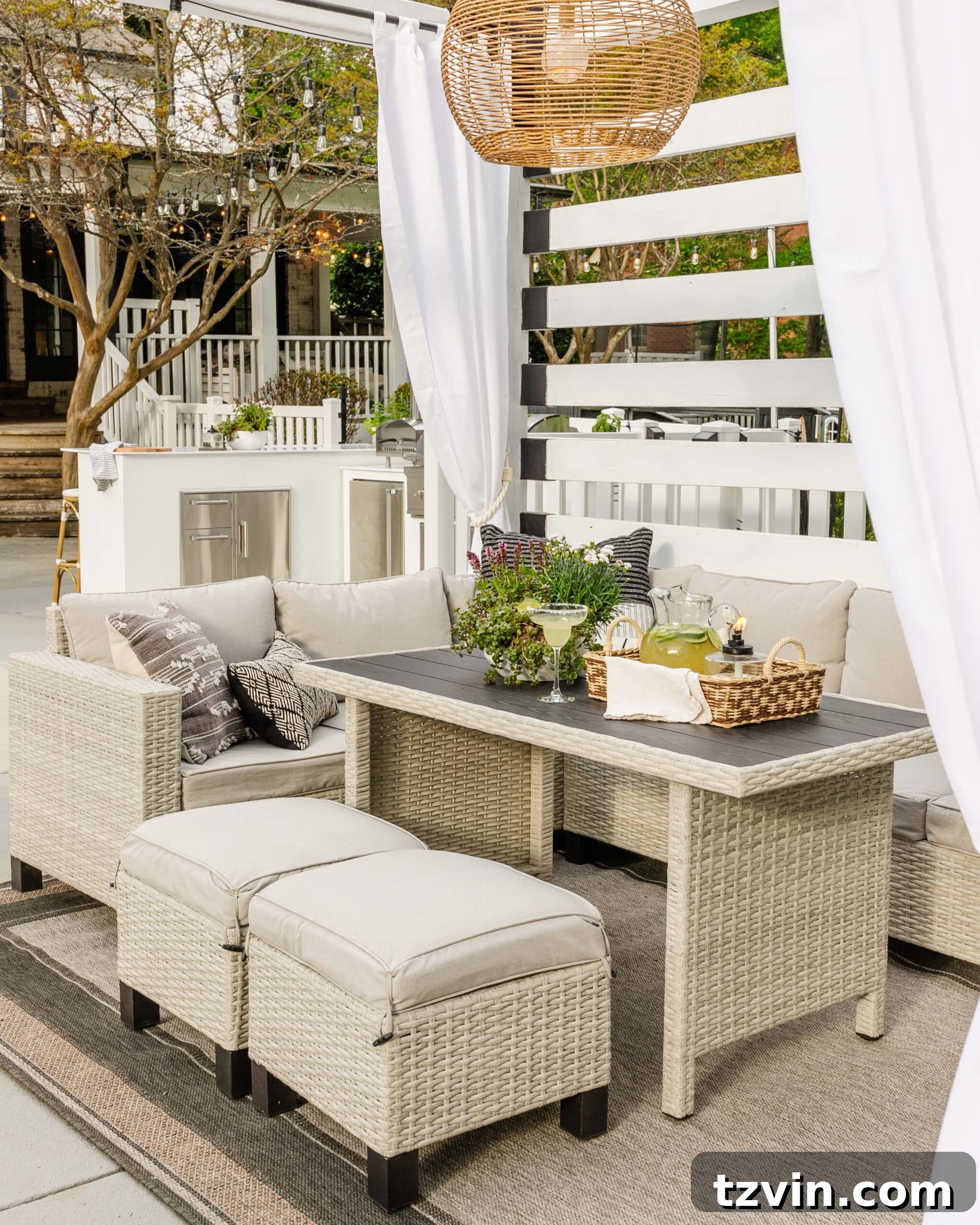 backyard pool cabana with wicker sectional dining set