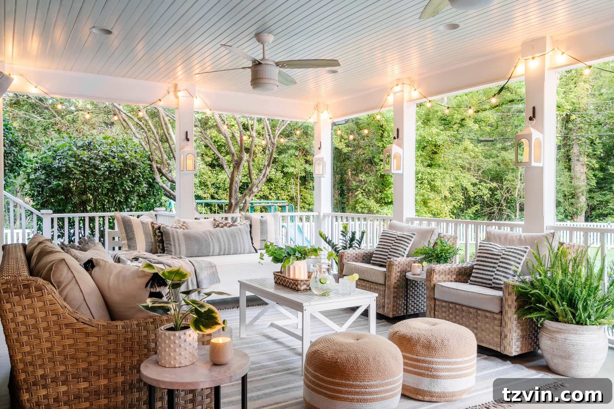 back porch with haint blue ceiling and outdoor conversation set
