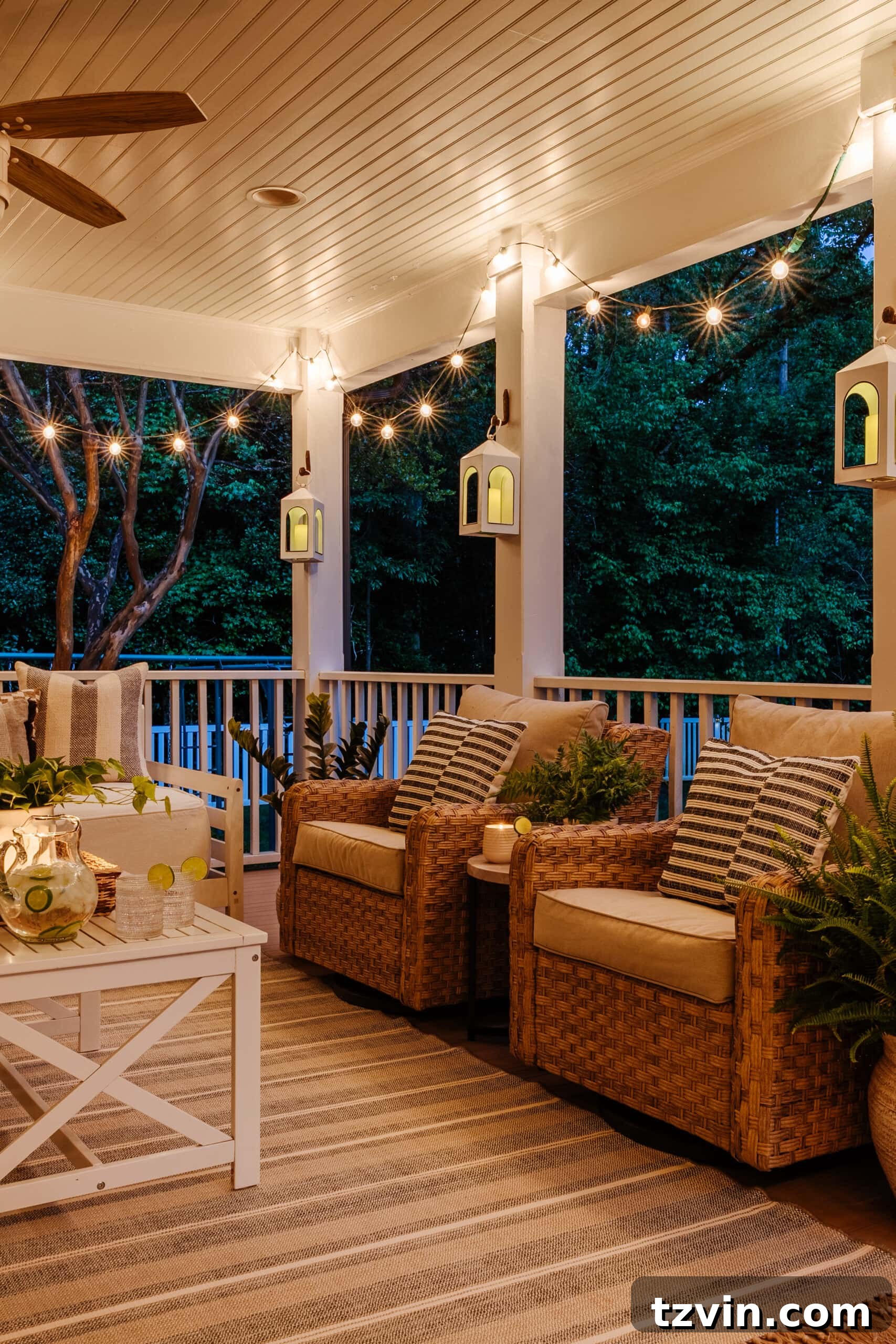 back porch at night with string lights and lanterns