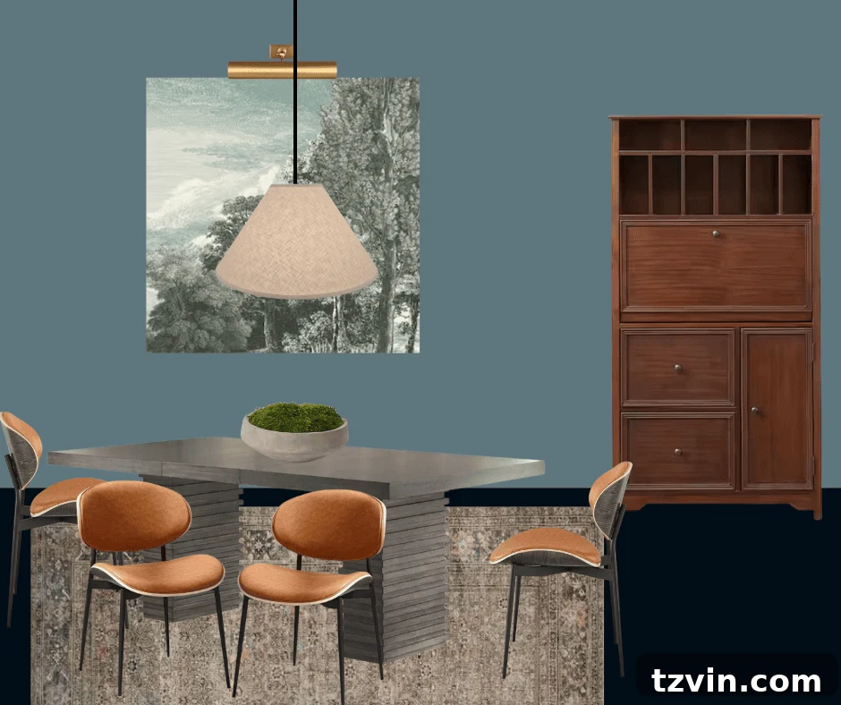 Inspiring Collaboration: Conference Room Mood Board Designs 5 Mood board displaying a deep teal small conference room with a robust conference table, functional memo board, and a compact desk