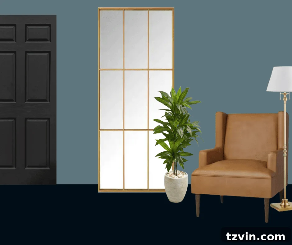Inspiring Collaboration: Conference Room Mood Board Designs 9 Moody teal reading nook concept on a mood board, featuring an armchair, floor lamp, and mirror for a meeting space