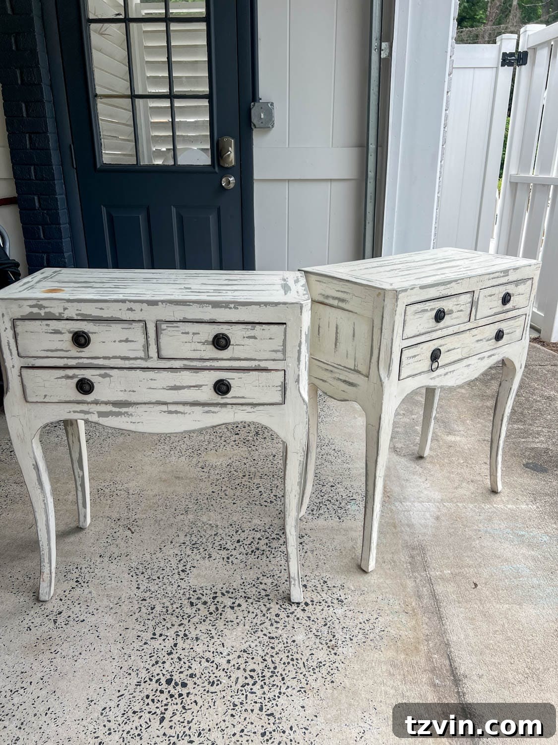 Before shot of a distressed bedside table with a rough, crackled farmhouse paint finish, ready for a glossy furniture makeover.