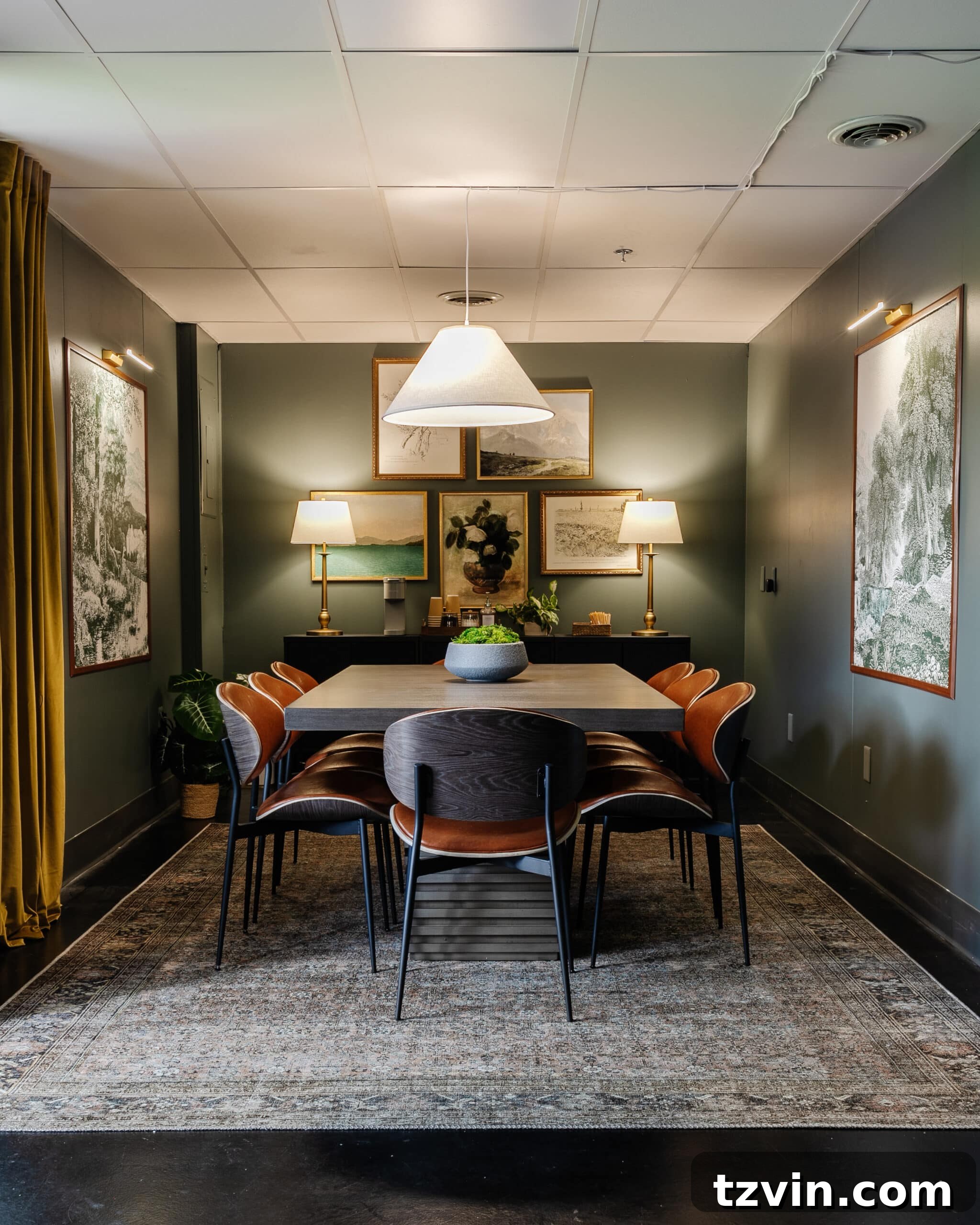 Warm Up Your Workday Cozy Conference Room Ideas for an Office Refresh 2 Cozy conference room with soft lighting, replacing harsh fluorescent bulbs, featuring a modern table and comfortable chairs.
