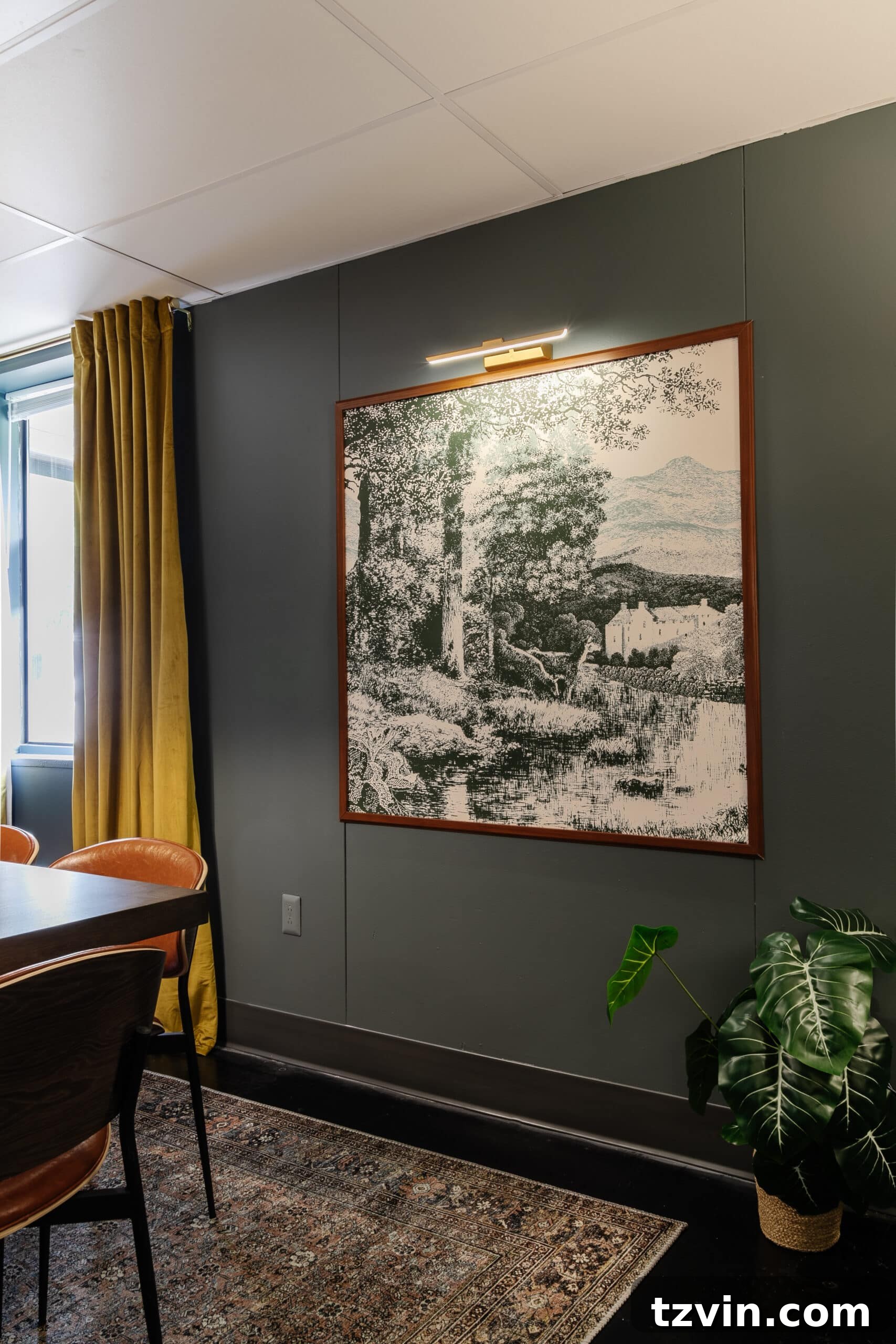 Warm Up Your Workday Cozy Conference Room Ideas for an Office Refresh 17 A large framed memo board designed to resemble elegant wall art, perfect for organizing notes with magnetic clips in an office.