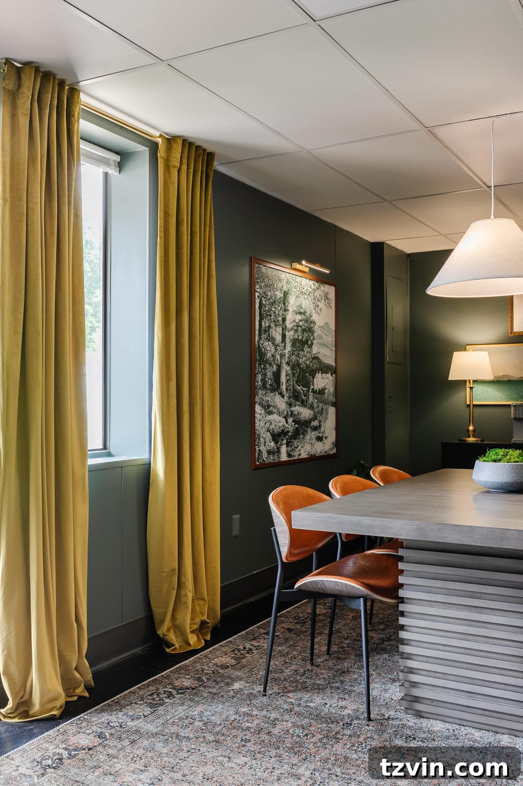 Warm Up Your Workday Cozy Conference Room Ideas for an Office Refresh 27 Elegant moss green curtains complementing teal walls in a cozy conference room, enhancing texture and visual appeal.