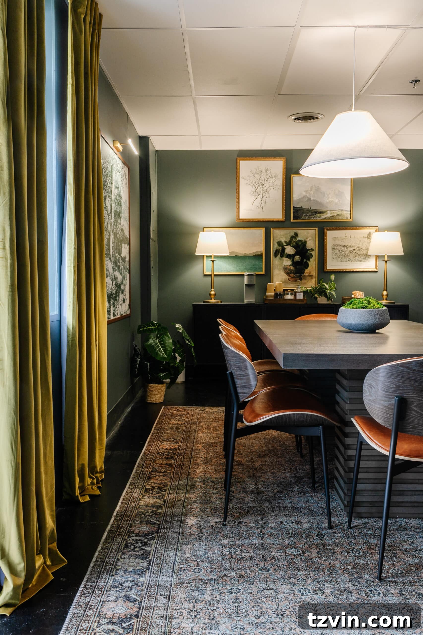 Warm Up Your Workday Cozy Conference Room Ideas for an Office Refresh 30 A dramatically transformed conference room with dark, moody teal walls and cozy, soft lighting, creating an inviting and therapeutic atmosphere.