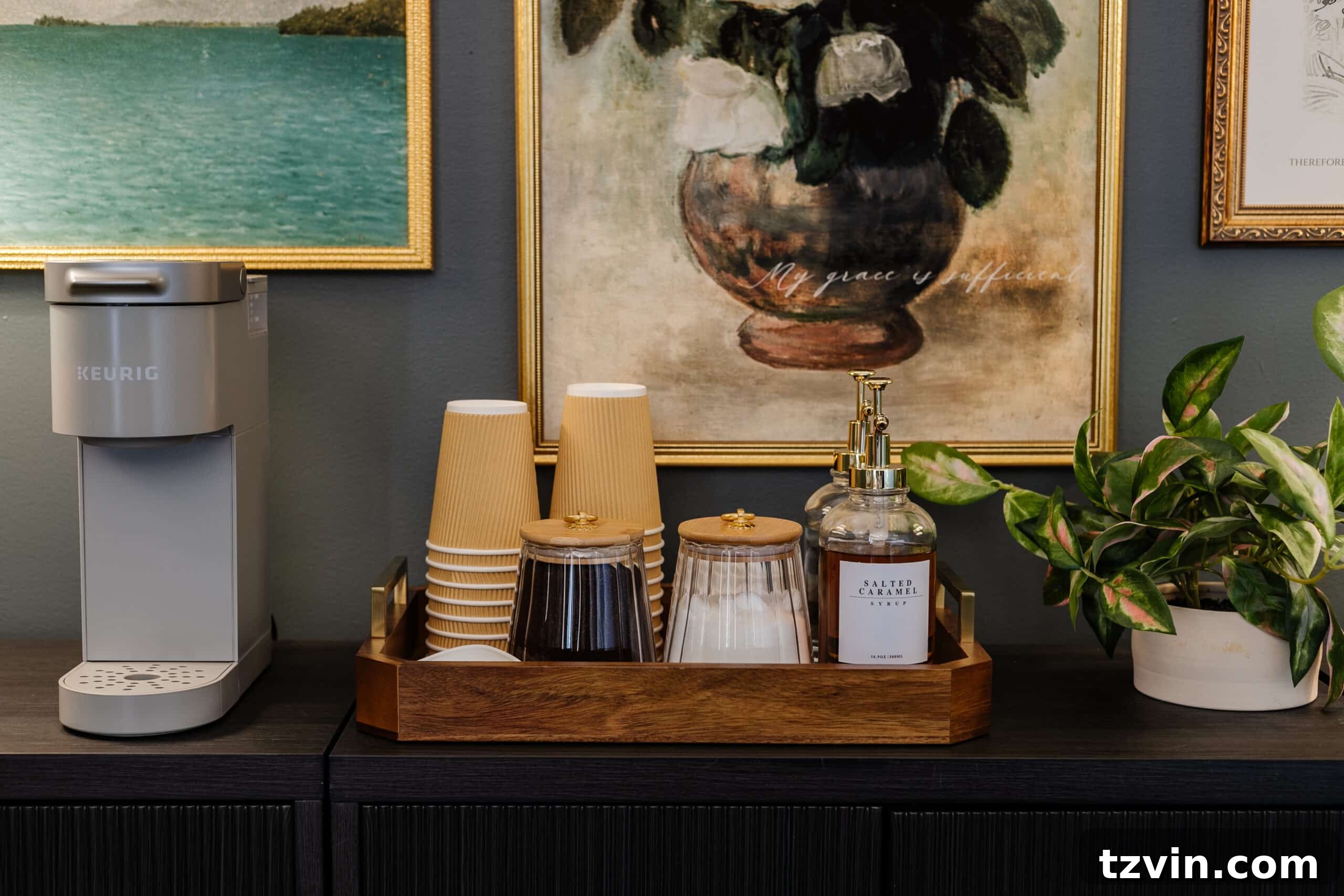 Warm Up Your Workday Cozy Conference Room Ideas for an Office Refresh 9 Close-up of a neatly organized coffee station on a sideboard, featuring various coffee supplies and decorative elements, enhancing the conference room's hospitality.