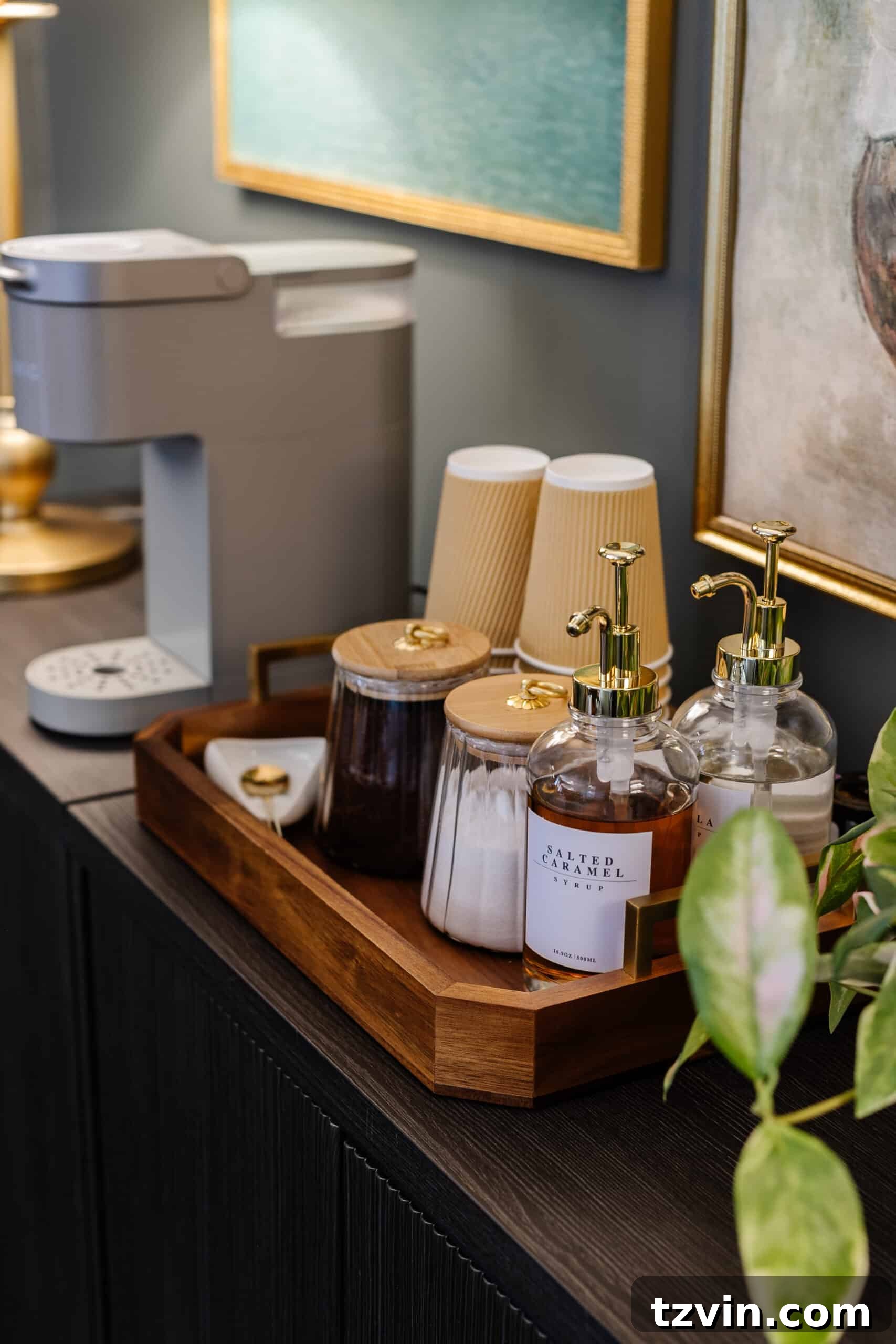 Warm Up Your Workday Cozy Conference Room Ideas for an Office Refresh 10 Detailed view of coffee syrup dispensers and canisters on a coffee station, designed for user-friendliness and aesthetic appeal.