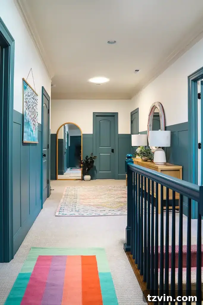 sherwin williams refuge in a hallway on board and batten and doors - a comforting and balanced teal, offering a sense of sanctuary.
