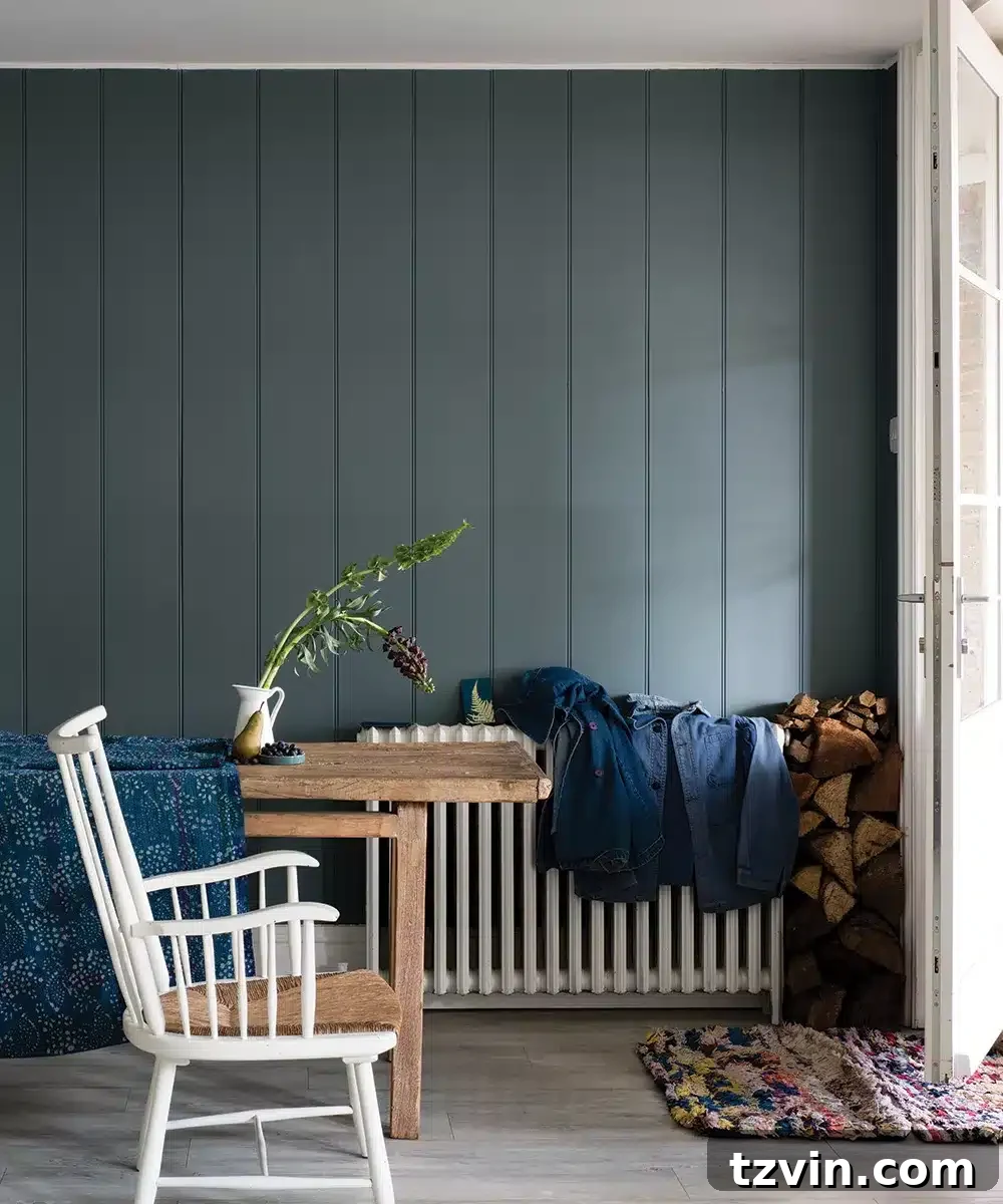 farrow and ball de nimes in an entryway - a strong, muted blue with subtle green notes, inspired by traditional French workwear.
