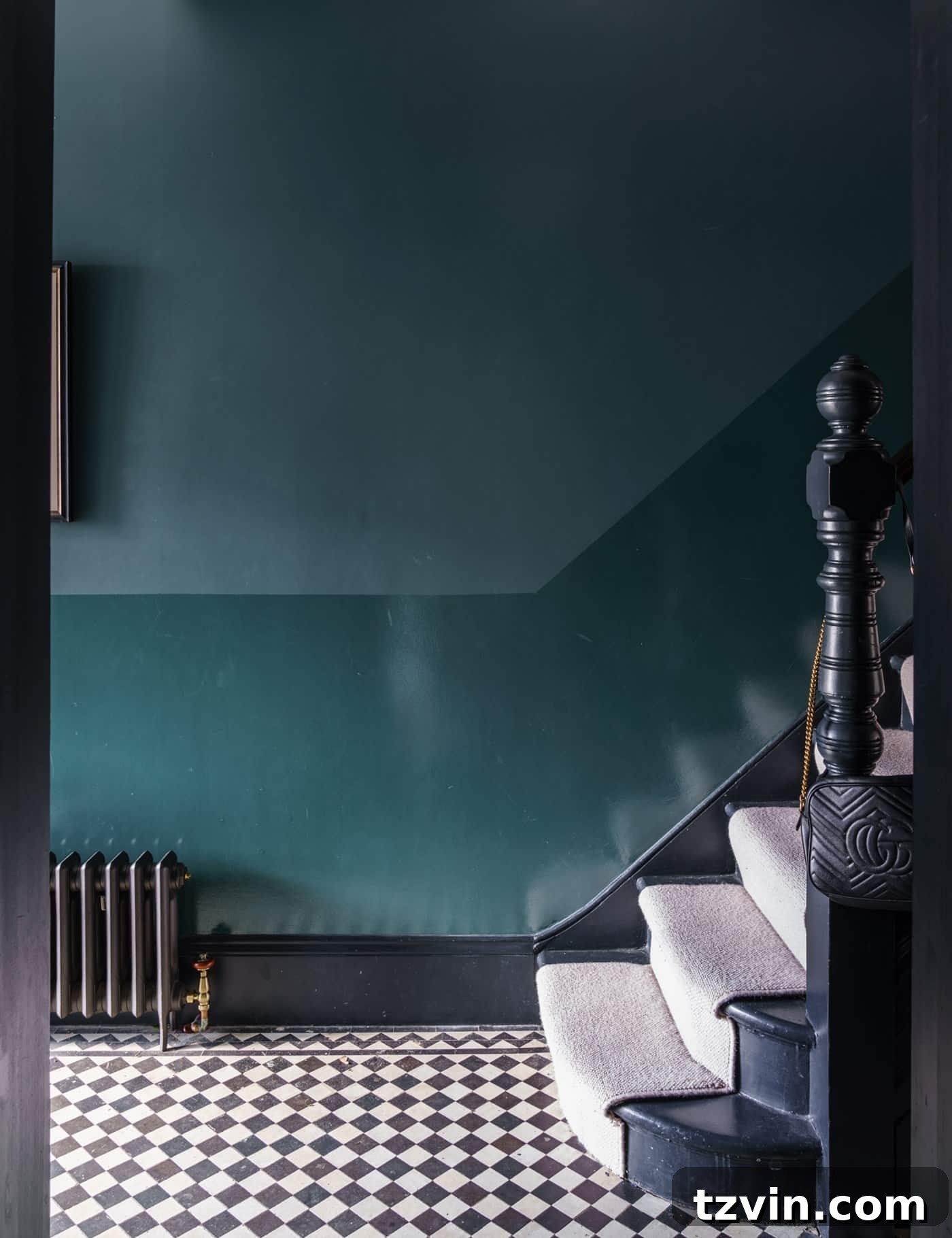 dual sheen Farrow and Ball Inchyra Blue teal stairs and entryway - a moody, sophisticated blue-green paint color.