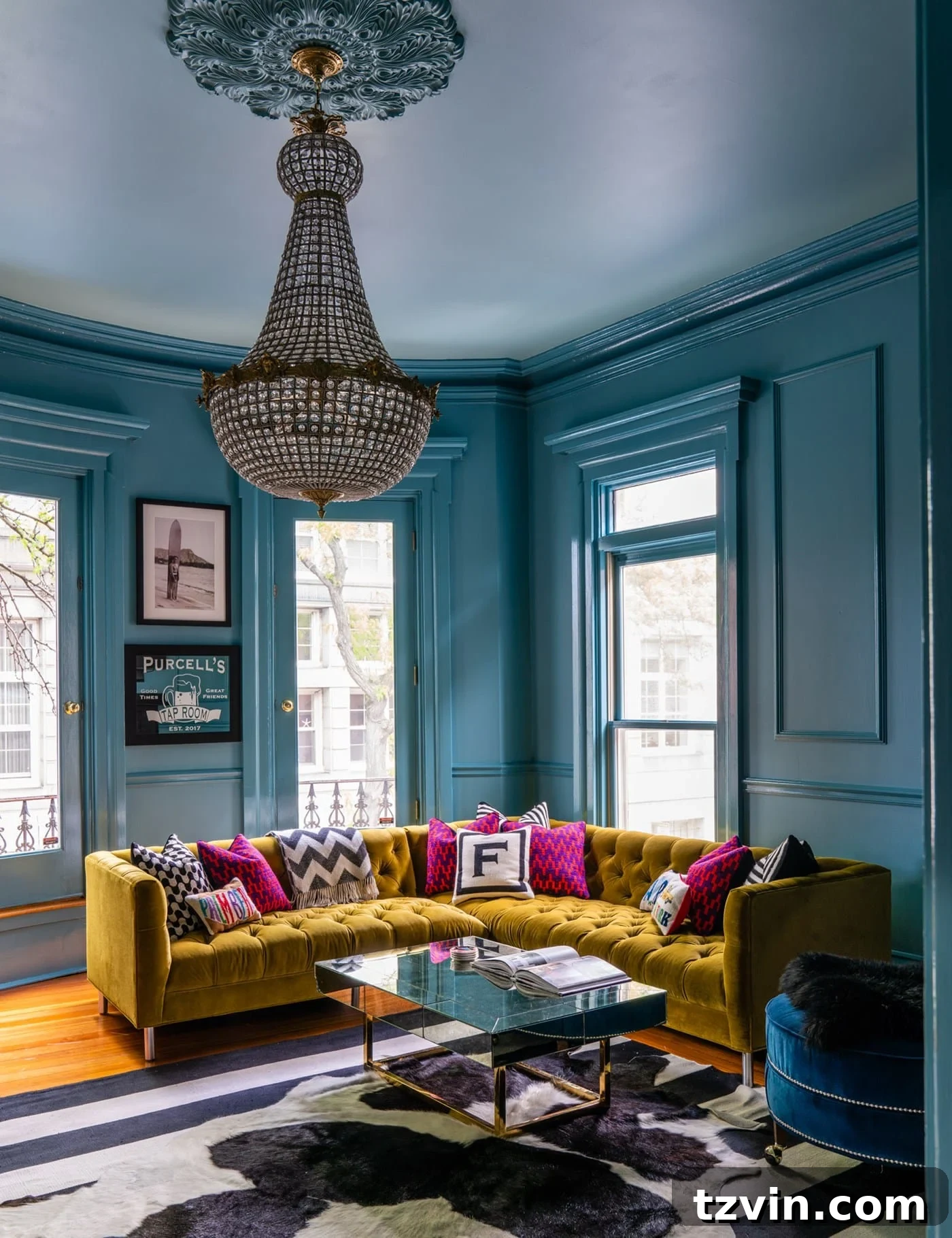 high gloss Farrow and Ball Stone Blue living room - a classic, historical blue with a touch of green.