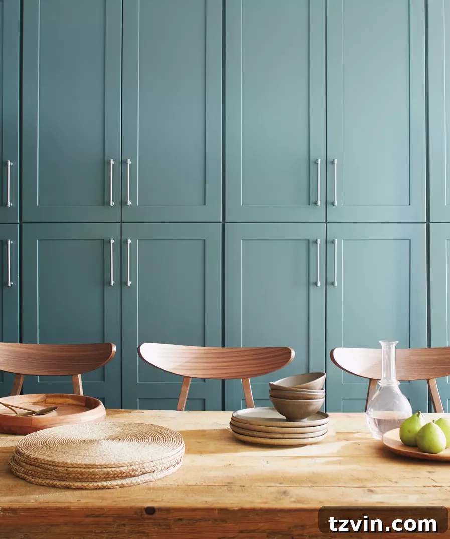 Benjamin Moore Aegean Teal on kitchen cabinets - a harmonious blend of blue and green, radiating warmth and calmness.
