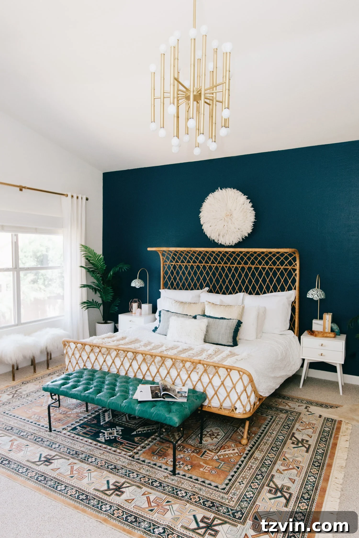 dark teal accent wall in a bedroom - Dunn Edwards Nocturnal Sea - a profound and rich teal, perfect for creating deep, luxurious spaces.