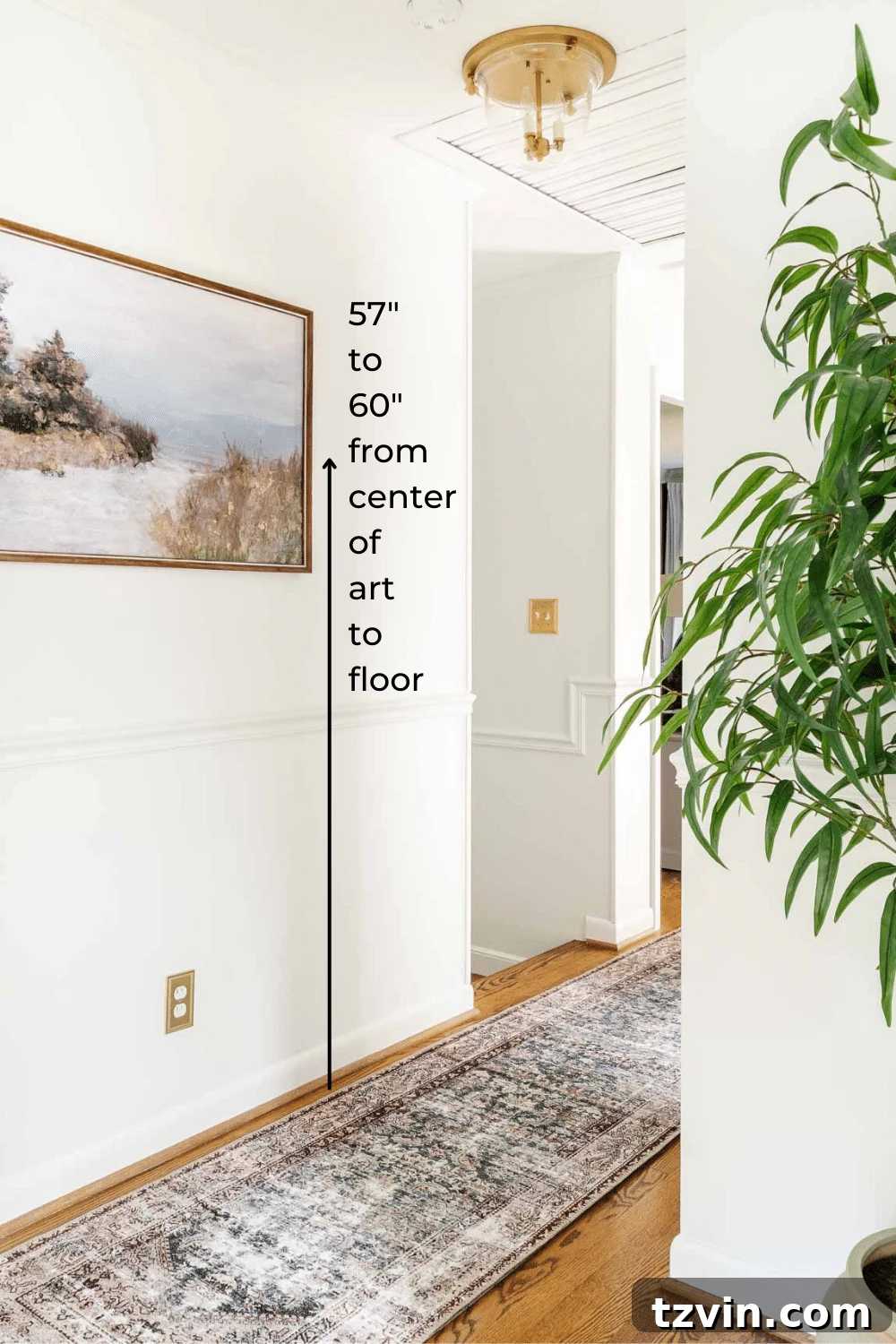 Hang Frames Perfectly Avoid These Common Errors 4 Diagram illustrating the correct height to hang a picture frame from the floor, showing the 57-60 inch eye-level rule.