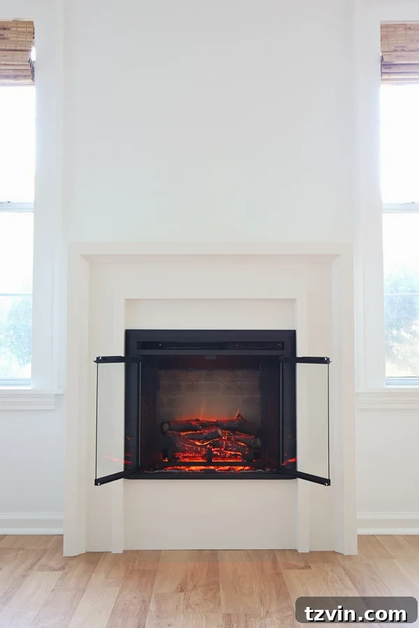 DIY Fireplace Creations for Any Space 13 A cozy DIY electric fireplace perfectly situated between two windows, maximizing natural light.