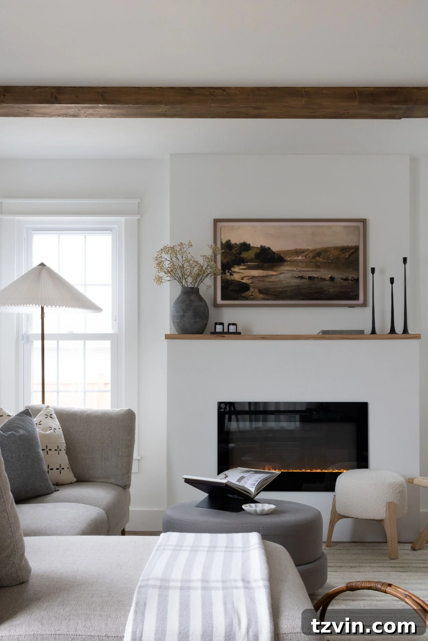 DIY Fireplace Creations for Any Space 16 A sleek, modern DIY fireplace with a minimalist design, featuring a warm, natural wood mantel.