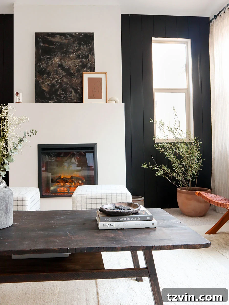 DIY Fireplace Creations for Any Space 18 A sleek DIY modern fireplace finished with eco-friendly Roman Clay, showcasing a subtle, sophisticated texture.