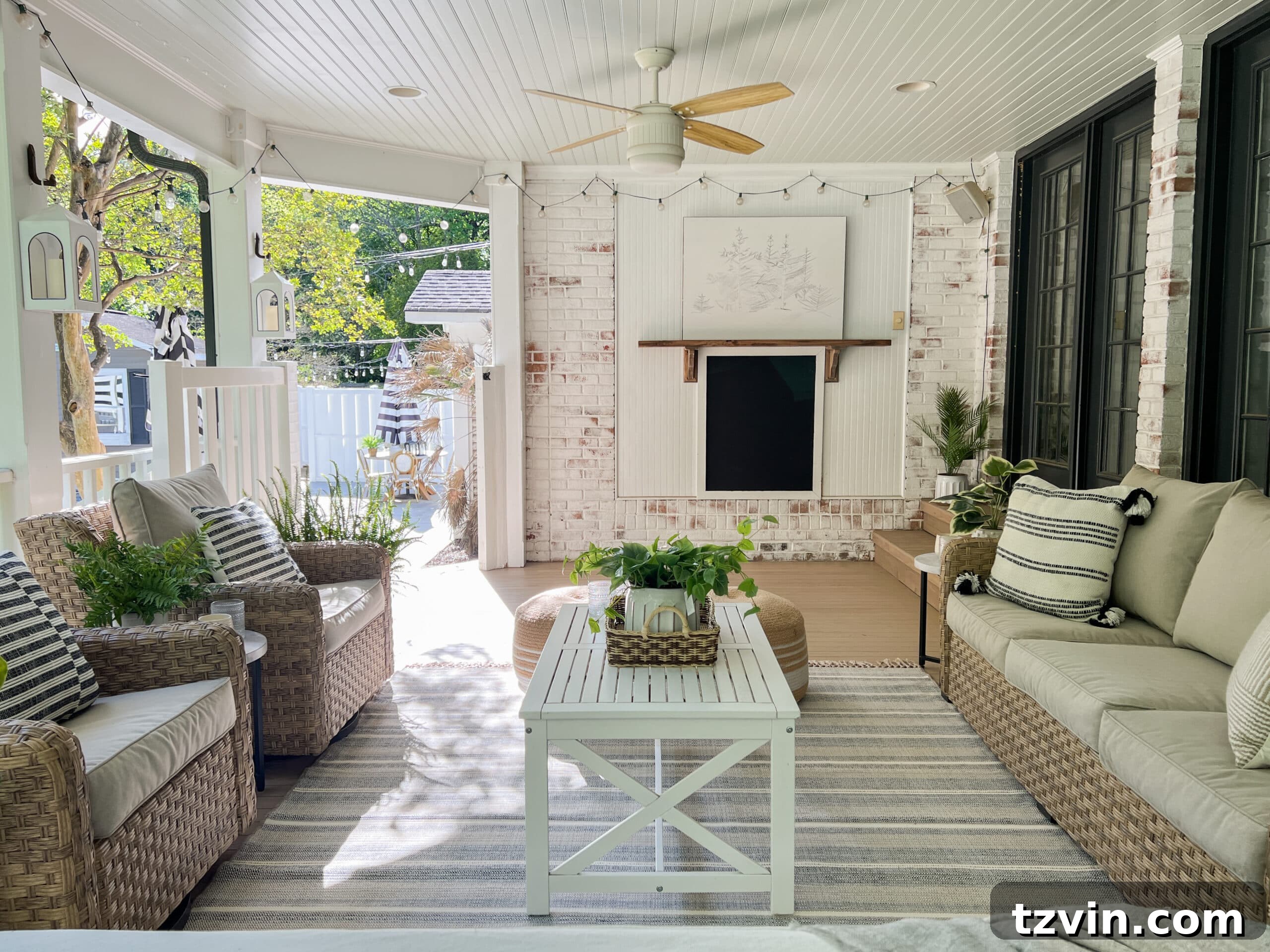 DIY Fireplace Creations for Any Space 21 The current setup of the back porch with a temporary faux fireplace, ready for a permanent DIY solution.