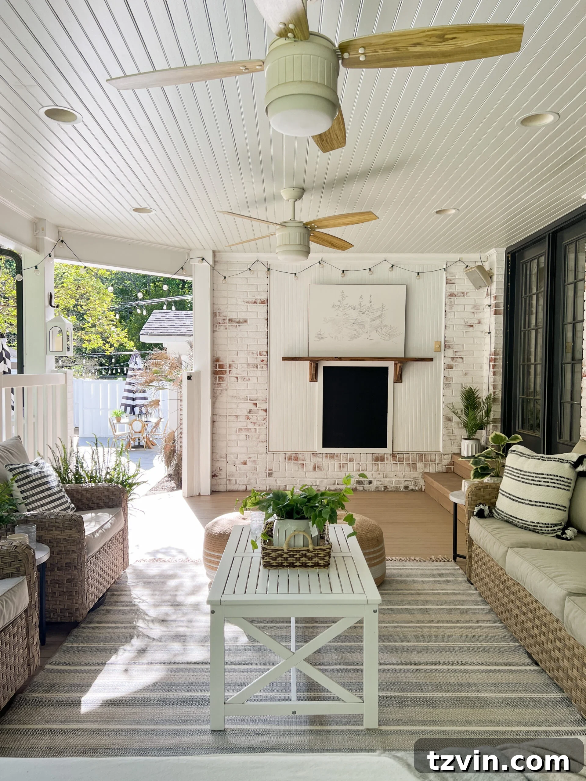 DIY Fireplace Creations for Any Space 4 Current state of the back porch wall with a temporary faux fireplace mantel, awaiting its permanent upgrade.