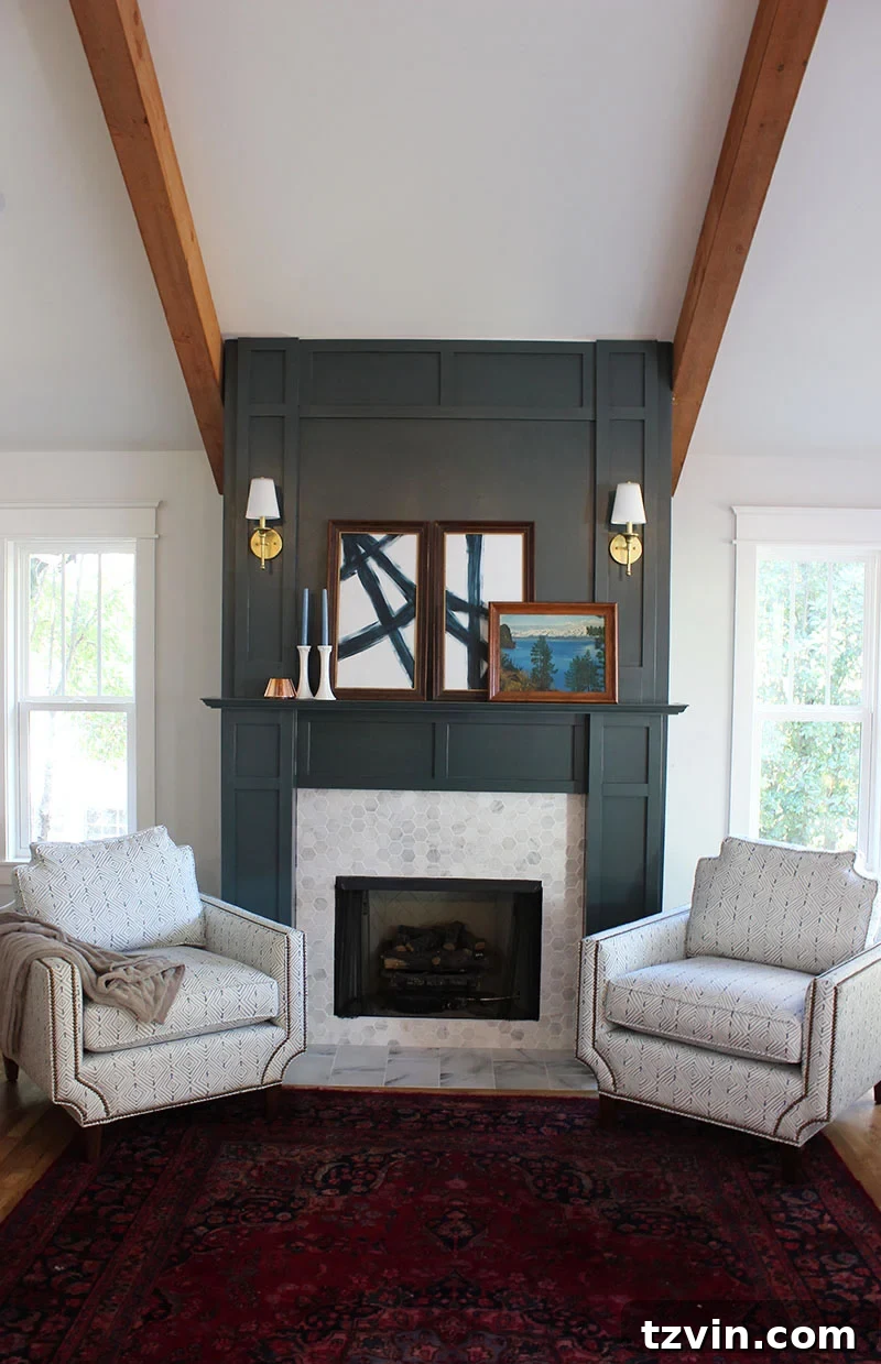 DIY Fireplace Creations for Any Space 6 A dramatic fireplace surround in a rich hunter green with intricate molding and tiling.