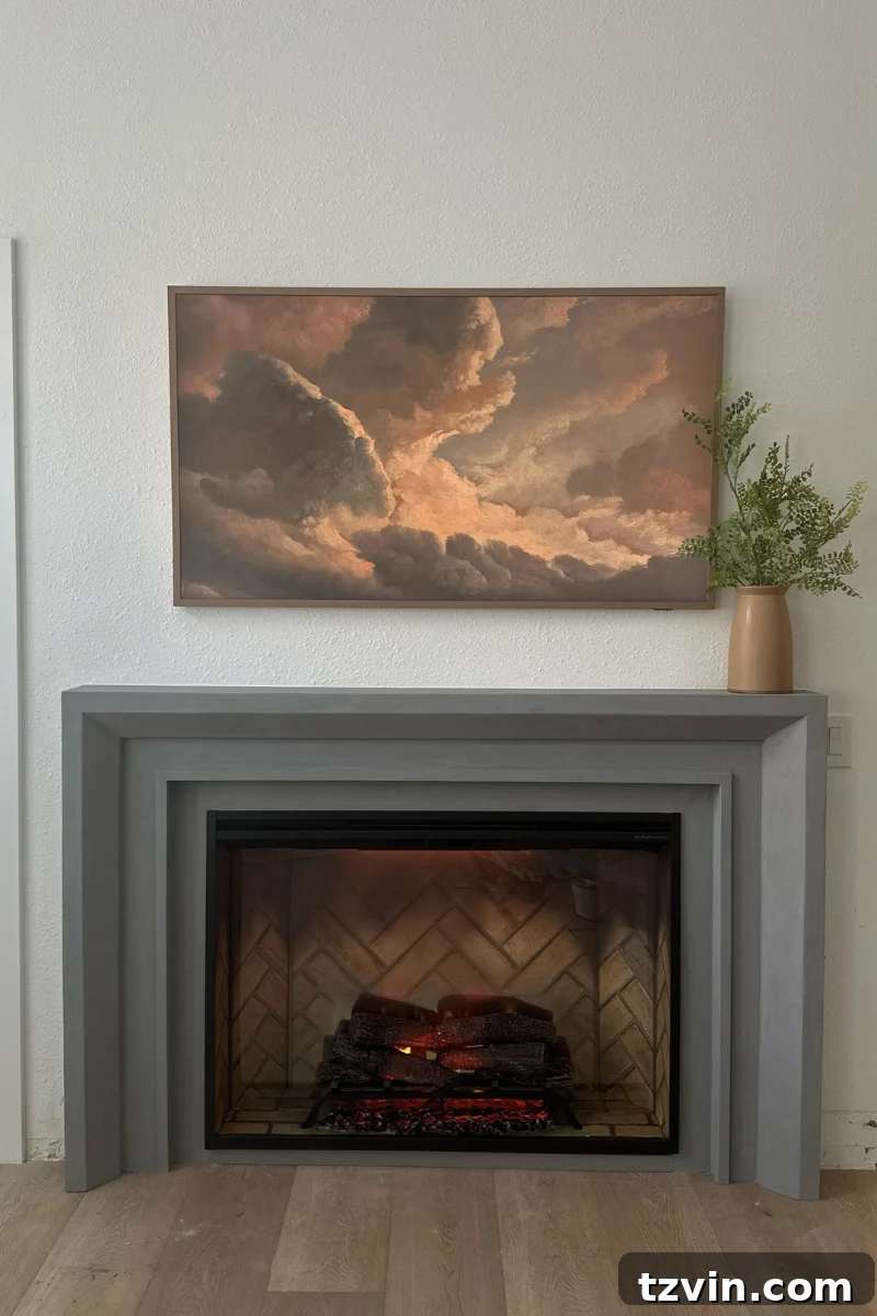 DIY Fireplace Creations for Any Space 7 A modern electric fireplace with a custom concrete-look surround and integrated wood storage.