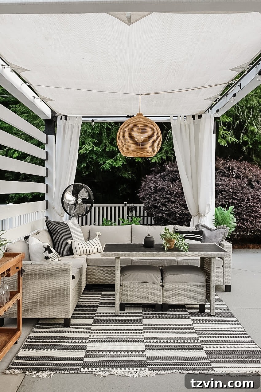 diy cabana pergola with seating around a backyard pool