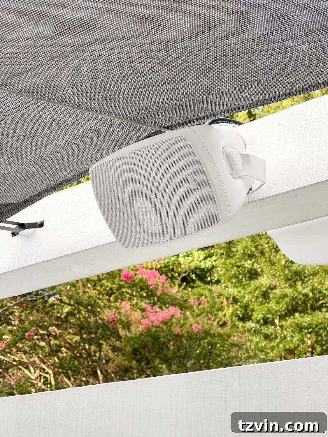 outdoor speakers on a pergola