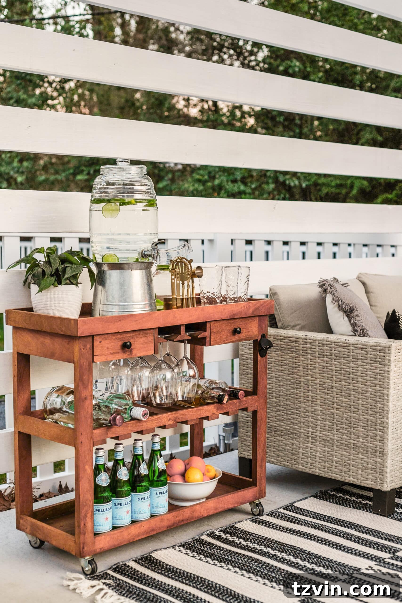 pool-friendly beverage station with acrylic cups and pitcher 