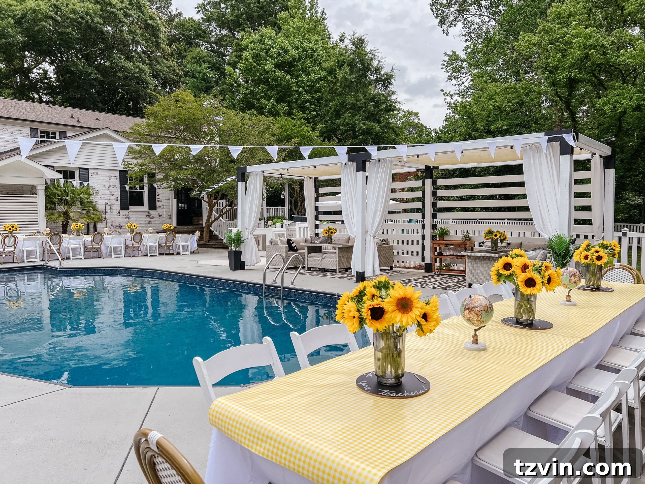 sunny days ahead end-of-school-year / graduation party with sunflowers around a backyard pool
