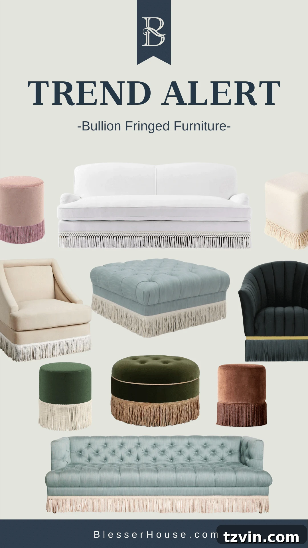 A curated collection of diverse bullion fringe furniture sources, showcasing stylish ottomans, chairs, and sofas with elegant fringe detailing.