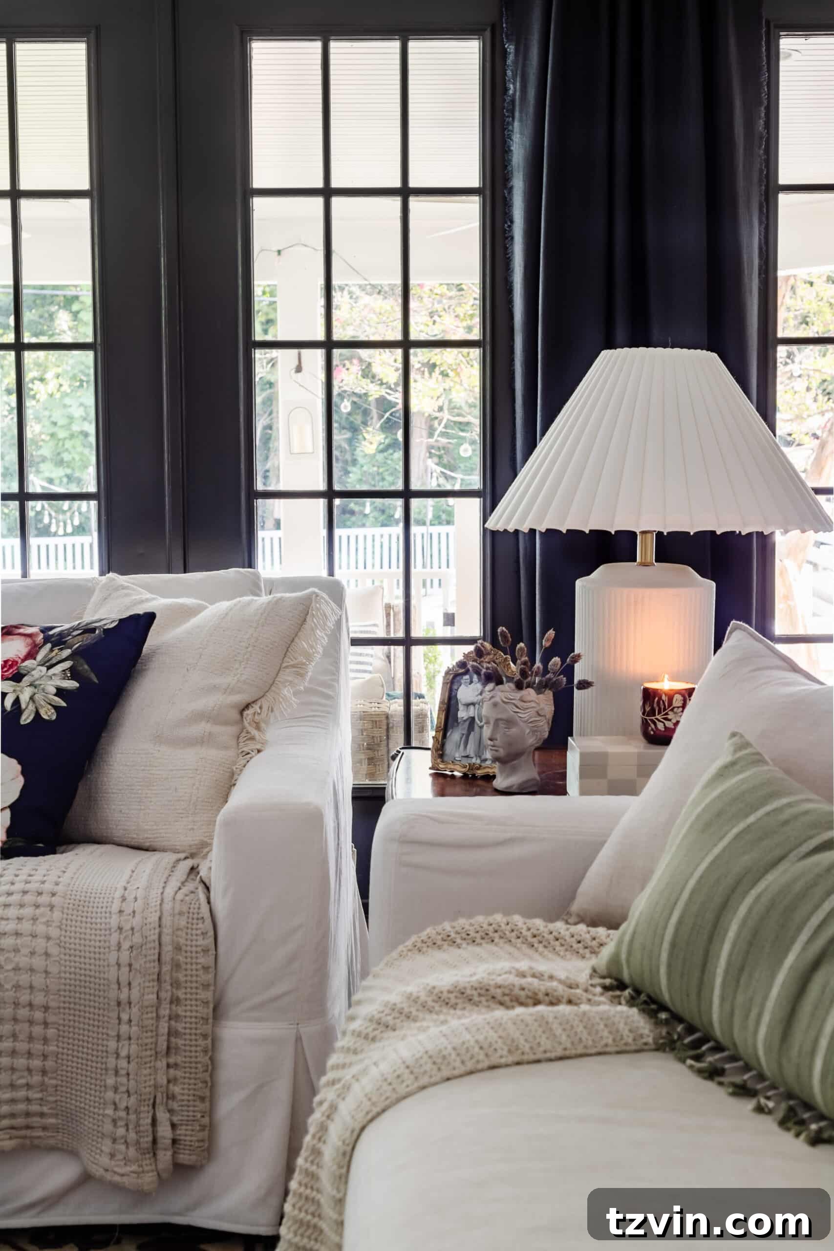end table decor with mini bust planter, french gold frame and pleated table lamp
