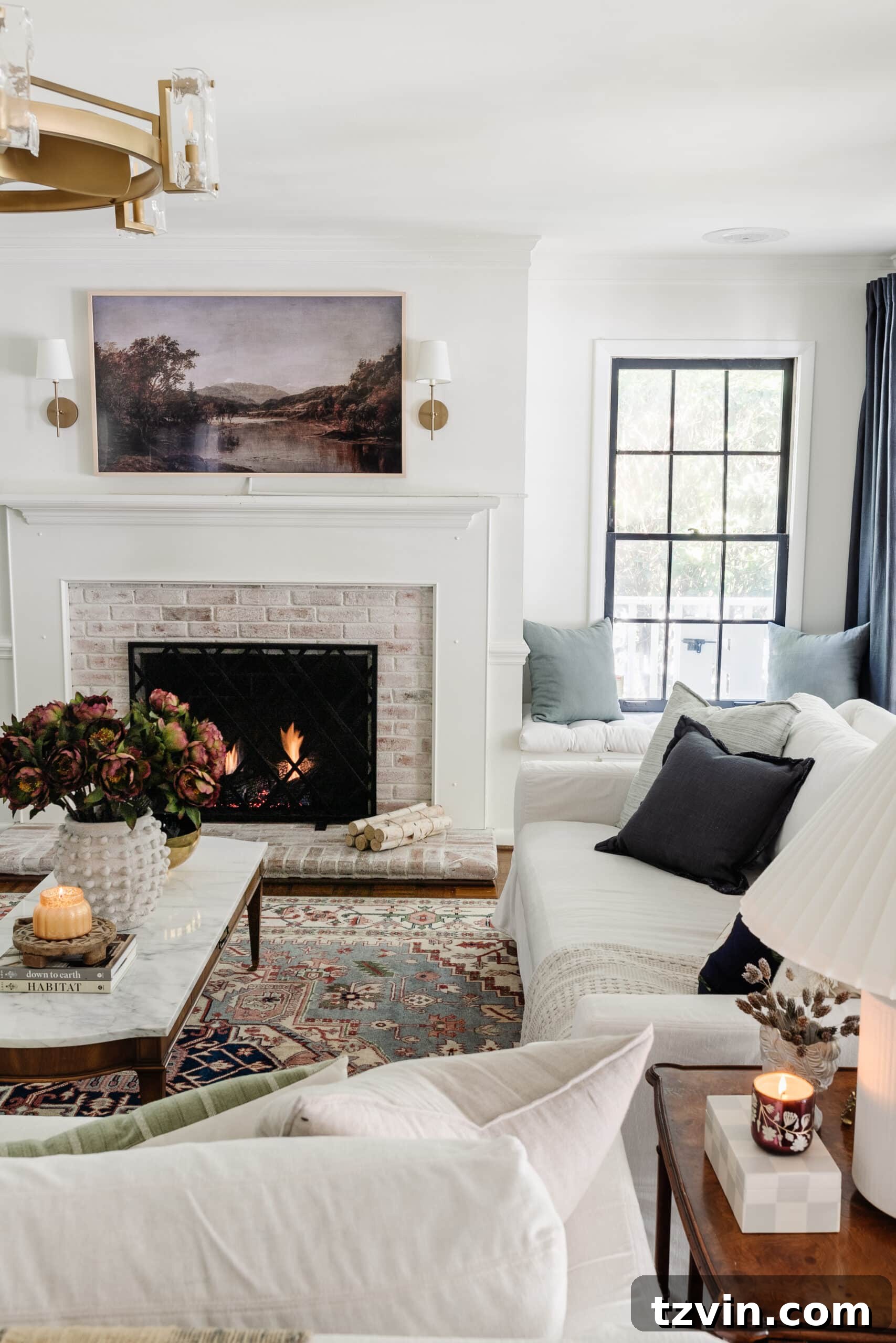 living room fireplace with fall decor