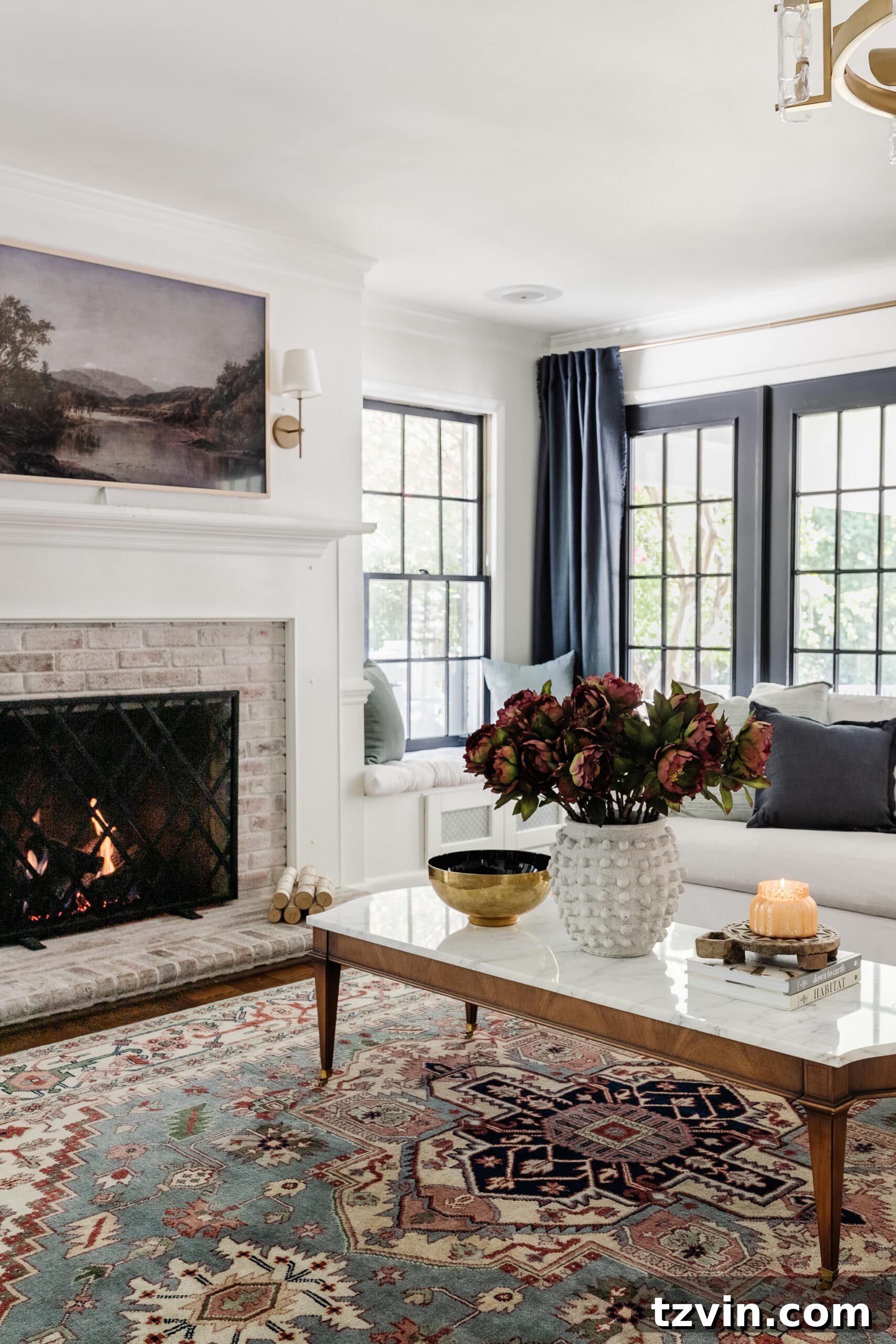 vintage rug in a modern traditional living room with marble coffee table