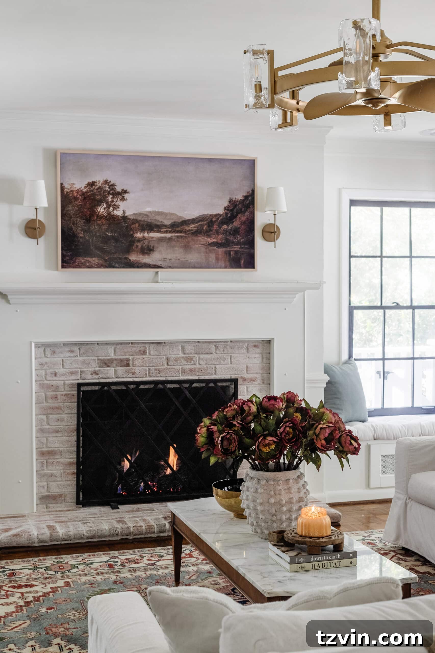 fall art on samsung frame tv above fireplace