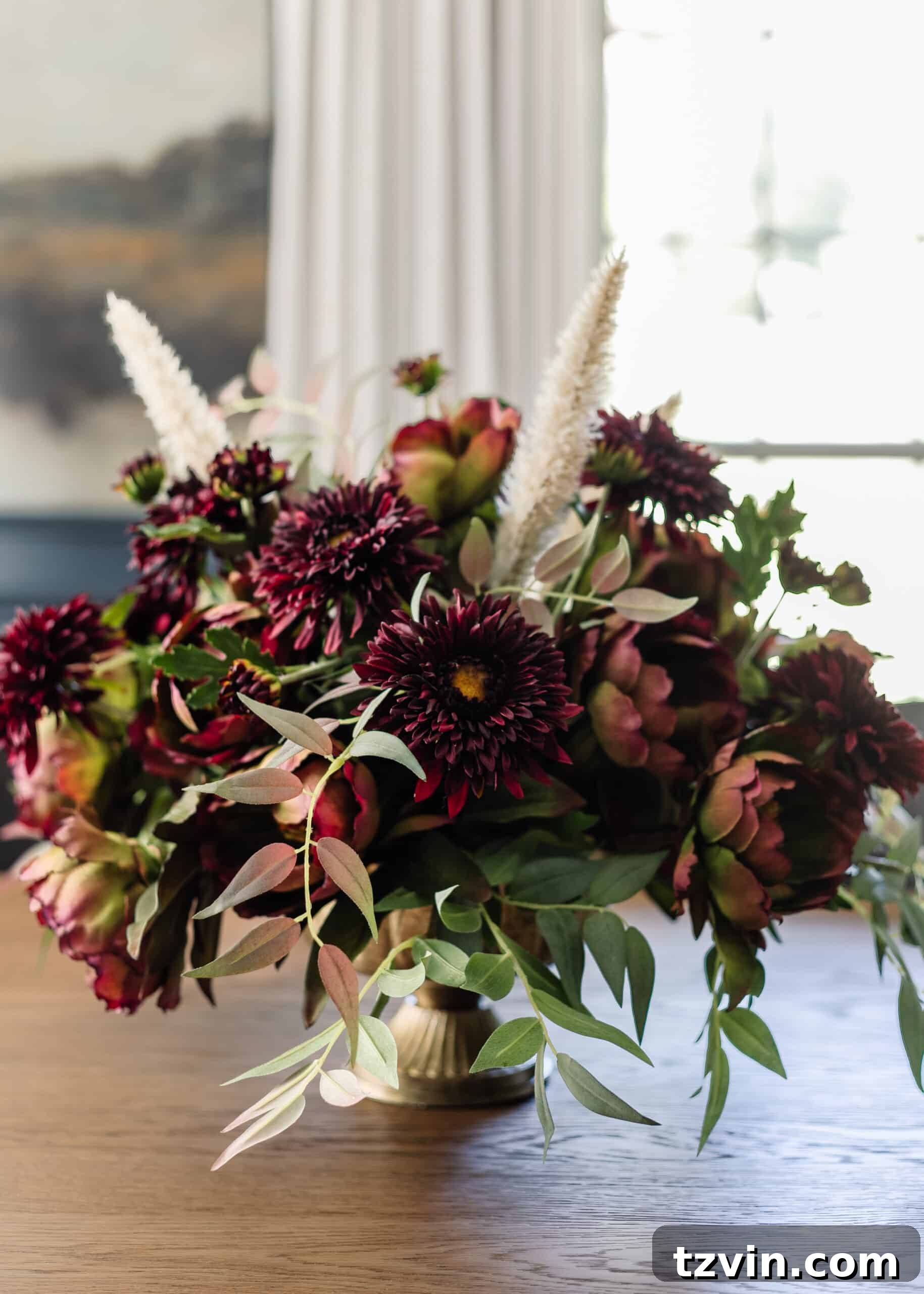 Your Guide to Crafting Beautiful Fall Floral Arrangements 15 Finished DIY fall floral arrangement featuring mums and peonies, ready for display
