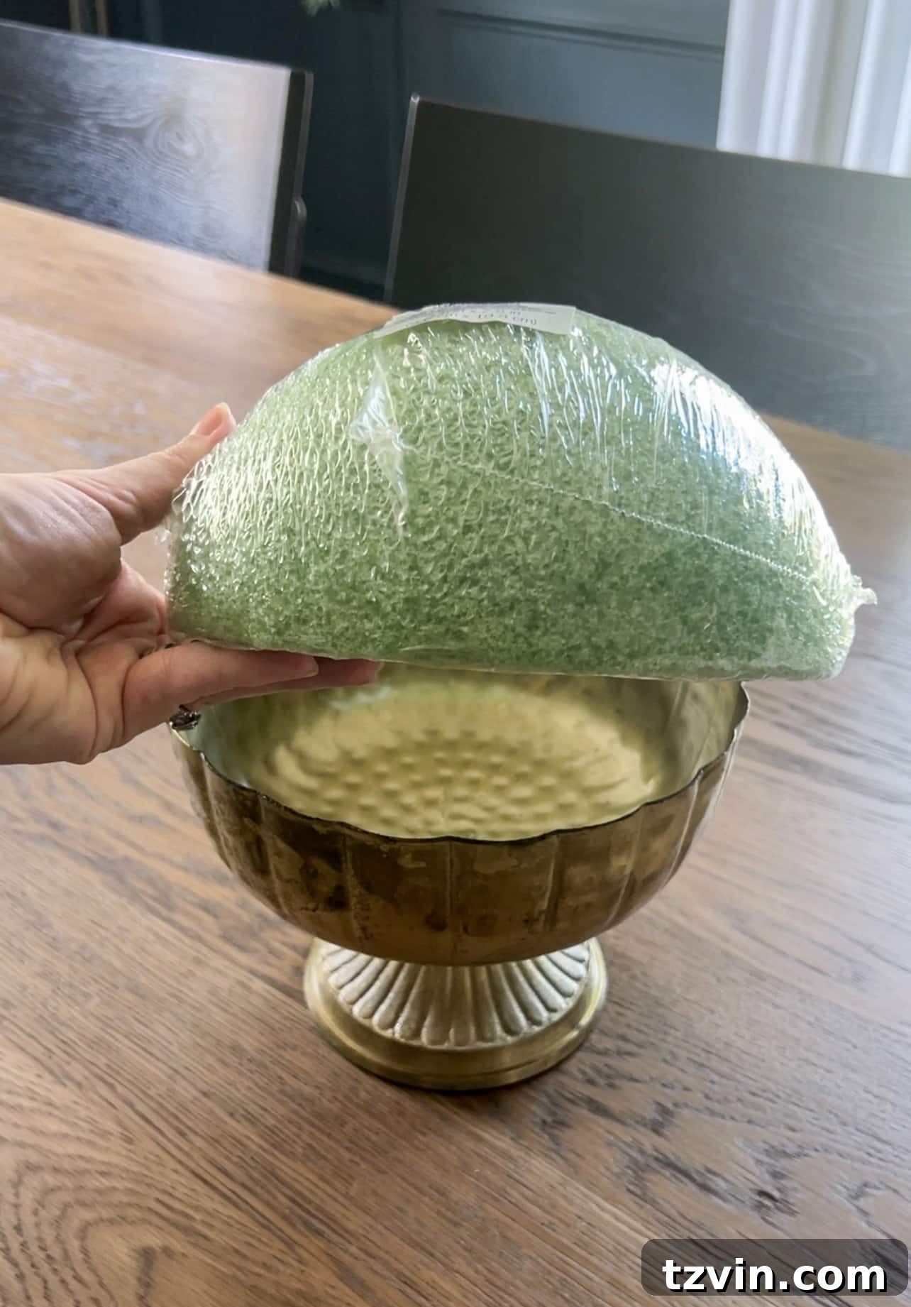 Your Guide to Crafting Beautiful Fall Floral Arrangements 4 Half sphere florist foam and a distressed gold compote bowl as the base for a floral arrangement