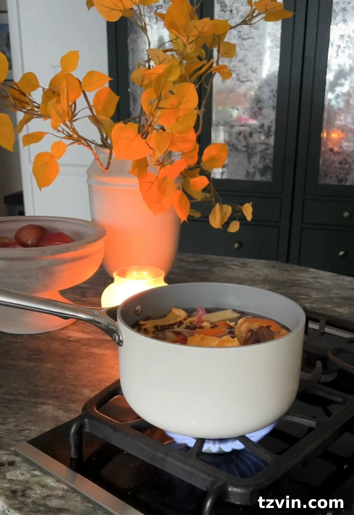 Sustainable Autumn Simmering Pot 6 potpourri ingredients simmering on a stovetop