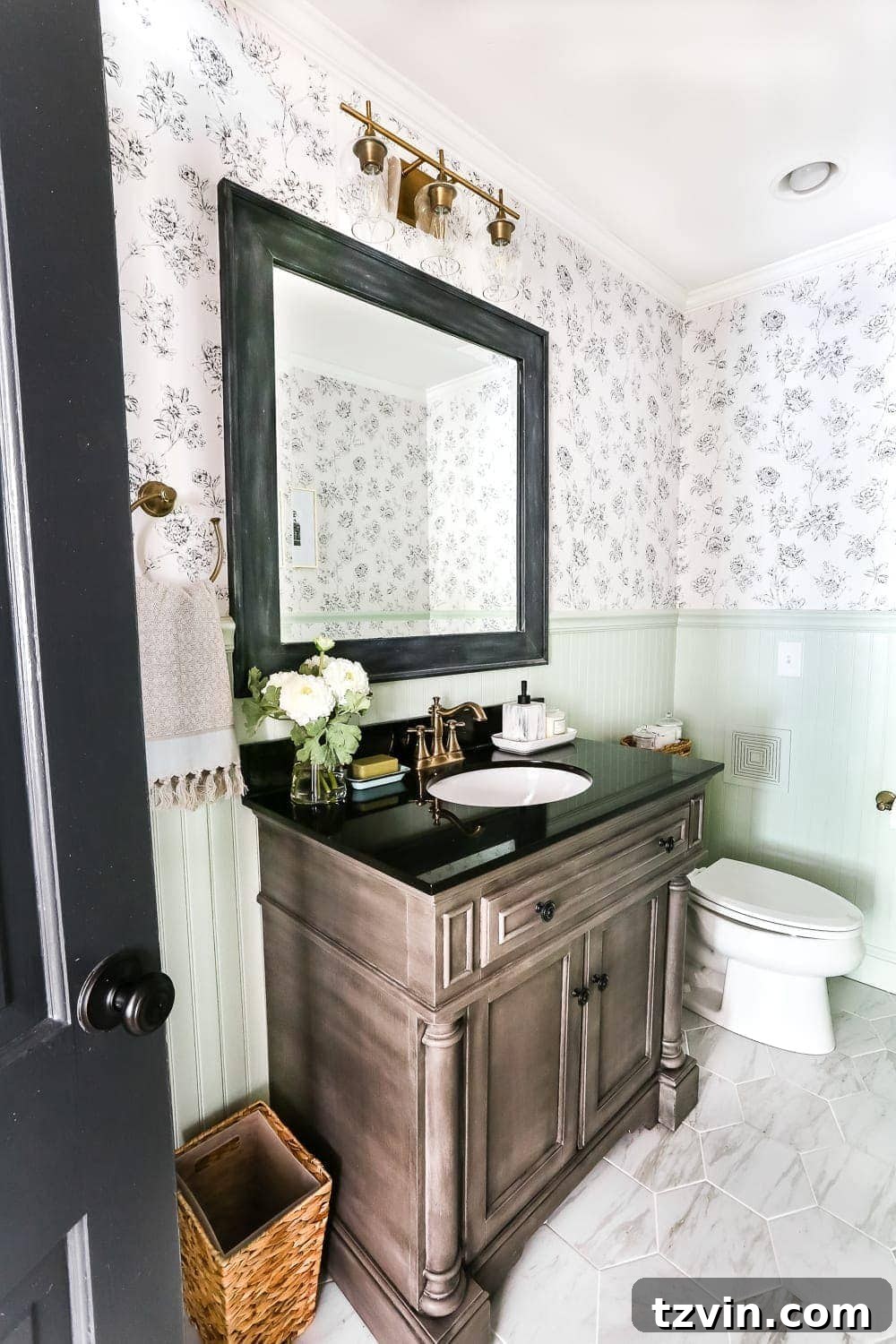 Design Your Perfect Room Makeover: 3 Indispensable Planning Tools 11 powder room before with black and white floral wallpaper and aqua beadboard