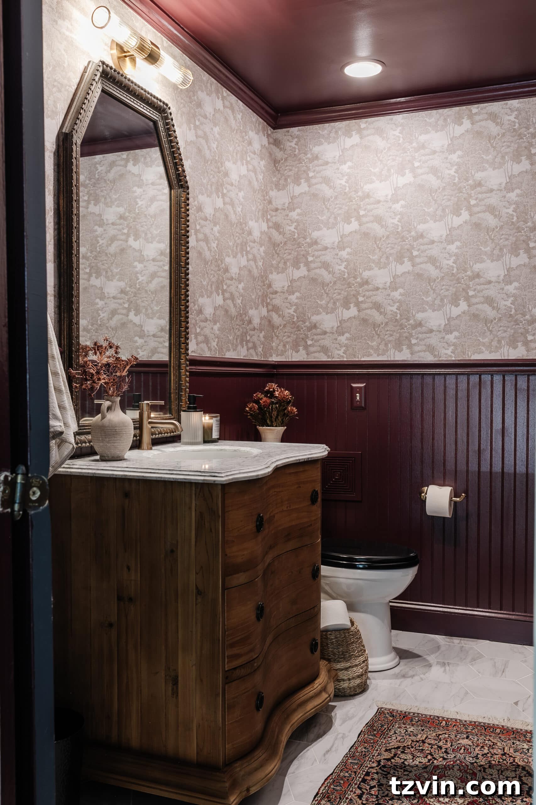 Dark to Dazzling: DIY Half Bath Makeover 2 windowless half bath makeover in Farrow and Ball Brinjal