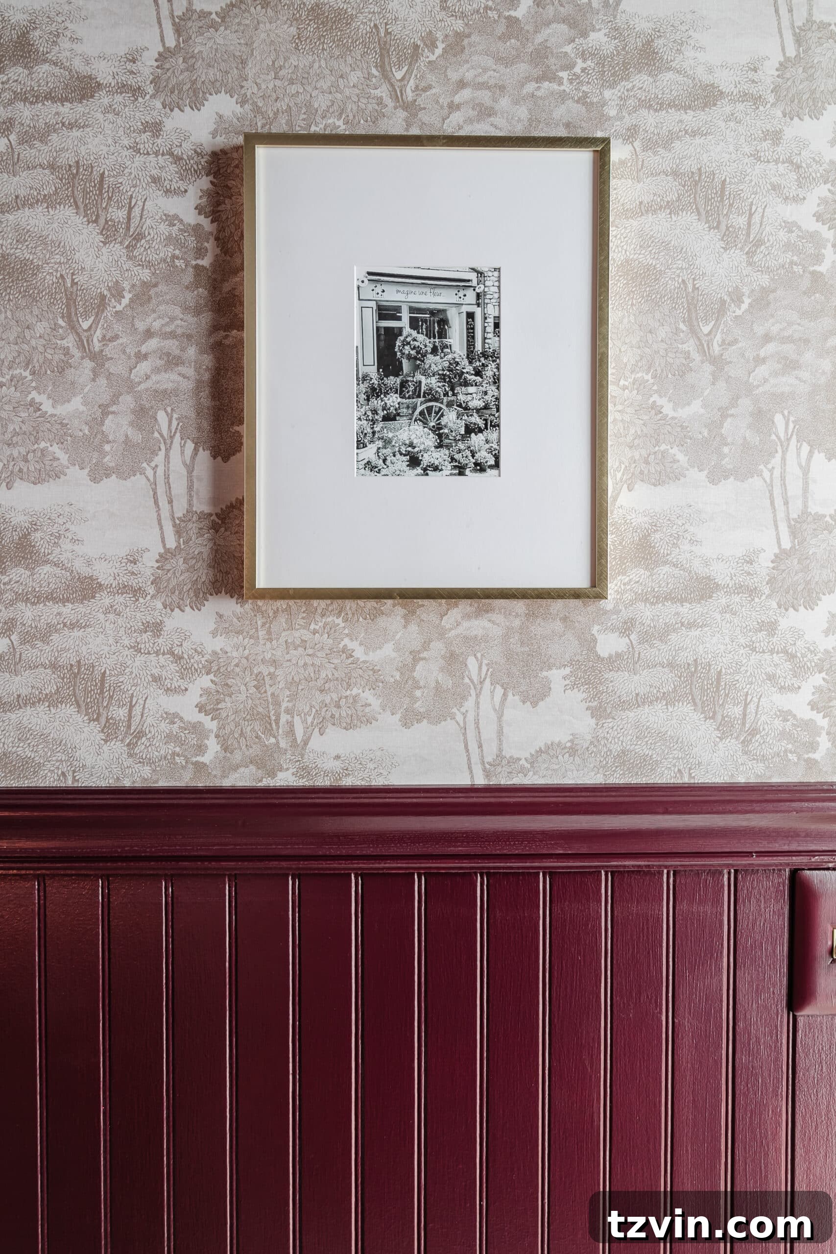 Dark to Dazzling: DIY Half Bath Makeover 11 Rebel Walls Saint Sebastian wallpaper and beadboard painted Farrow and Ball Brinjal