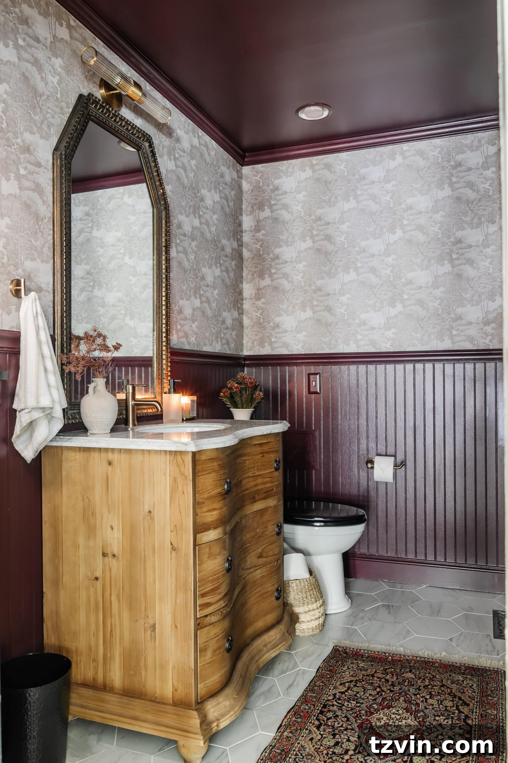 Dark to Dazzling: DIY Half Bath Makeover 14 windowless small powder room with vintage dresser vanity and marble hexagon floors