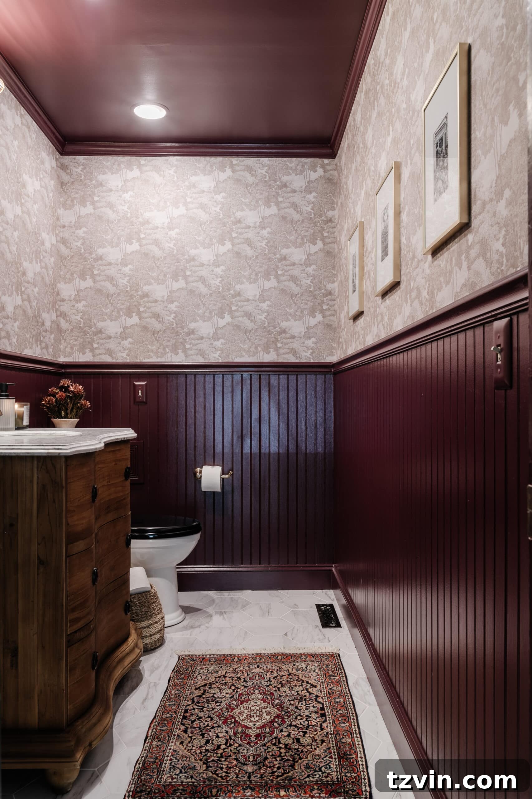 Dark to Dazzling: DIY Half Bath Makeover 5 small windowless bathroom painted Farrow and Ball Brinjal with Rebel Walls Saint Sebastian wallpaper