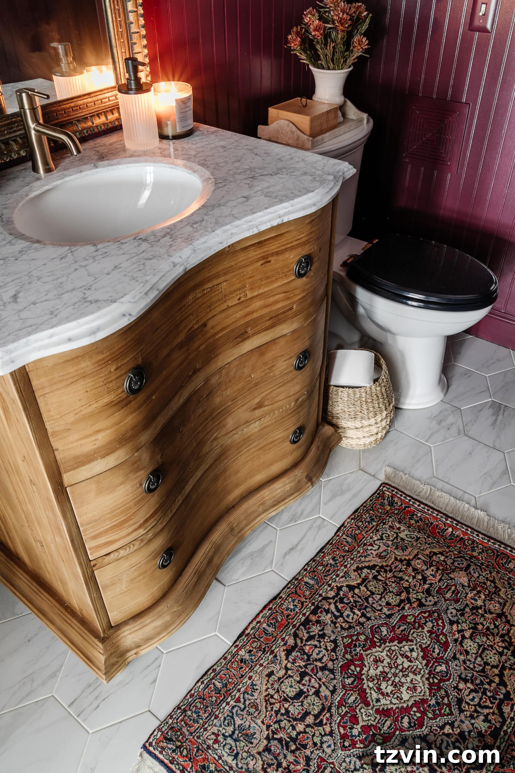 Dark to Dazzling: DIY Half Bath Makeover 7 half bath makeover with a vintage rug as design inspiration