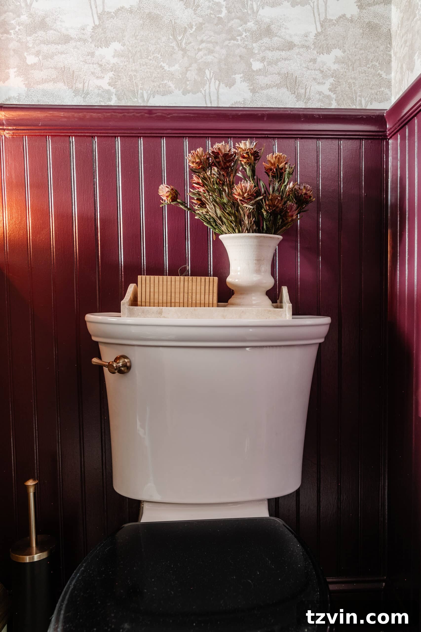 Dark to Dazzling: DIY Half Bath Makeover 10 Vintage black toilet lid and back of toilet decor