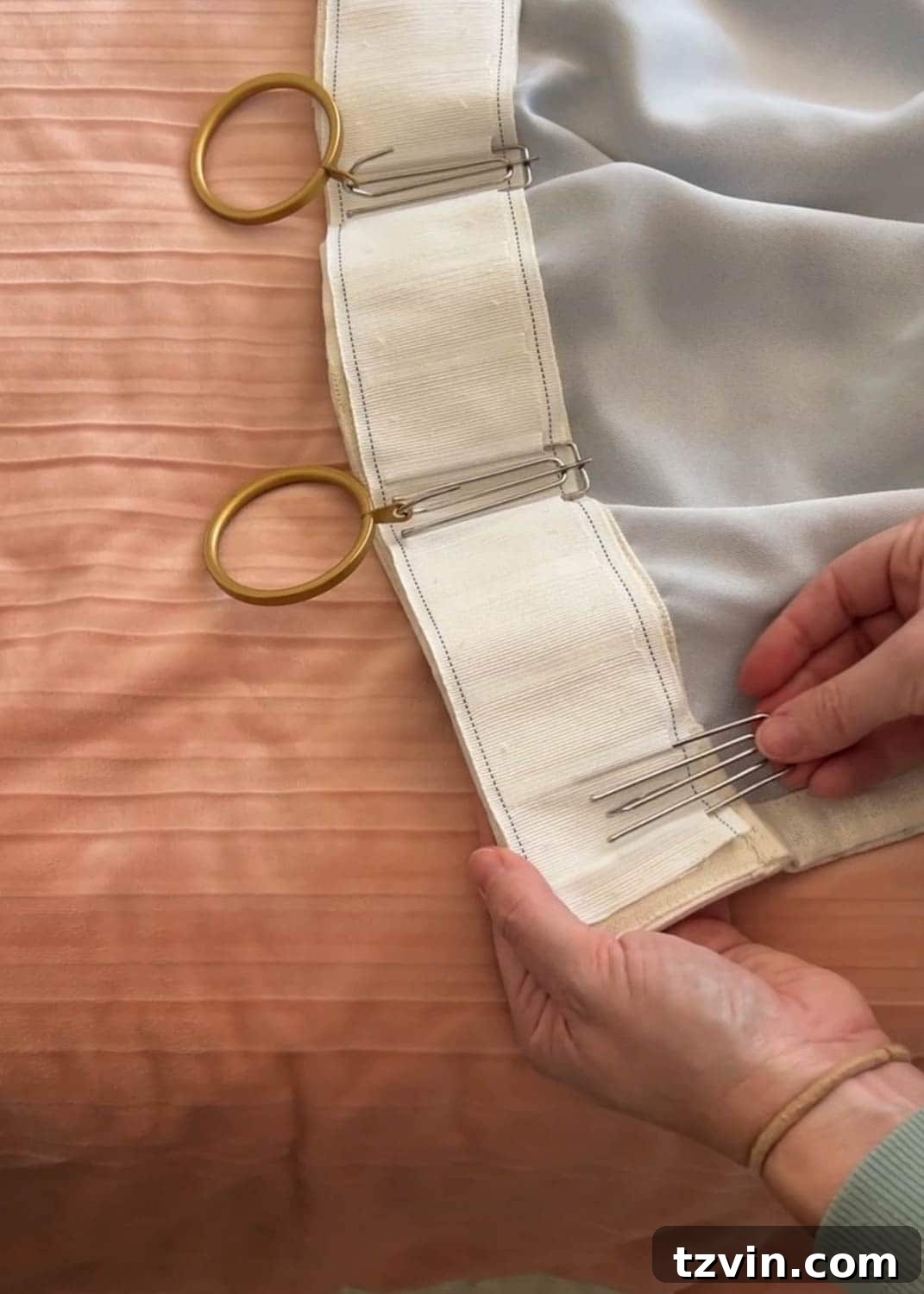 Chic No-Sew Curtains: Easy DIY with Designer Trim 16 Adding pleating hooks into the curtain header tape for a customized hanging style