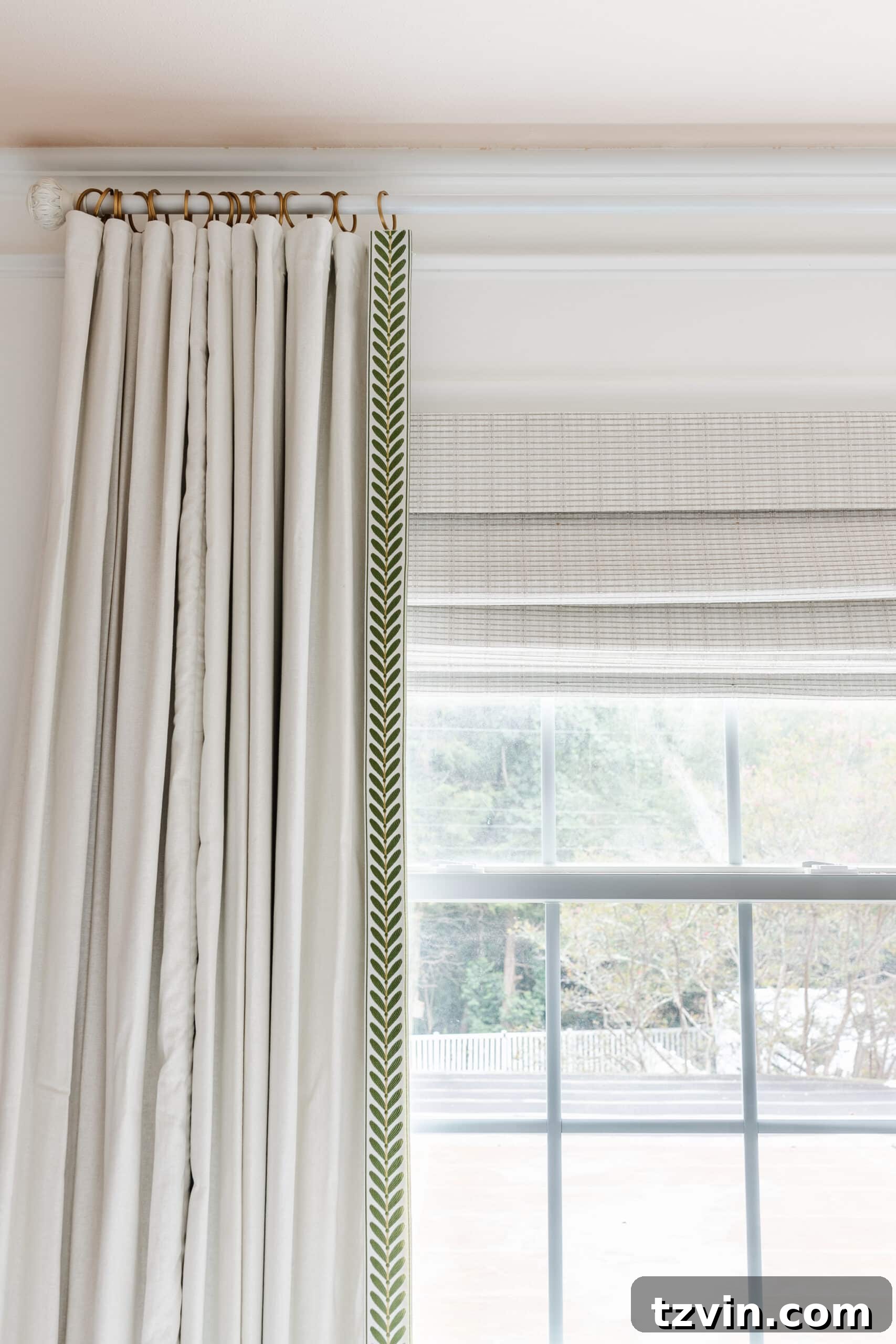 Chic No-Sew Curtains: Easy DIY with Designer Trim 17 Finished custom trim tape on an elegant curtain, hung high and wide