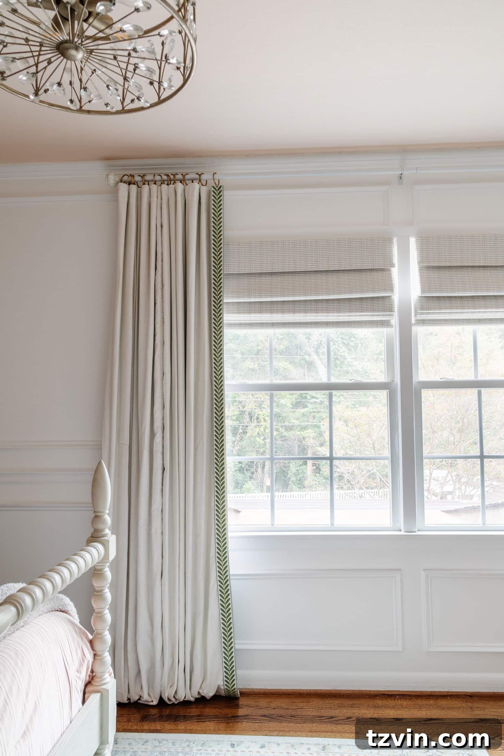 Chic No-Sew Curtains: Easy DIY with Designer Trim 18 Beautiful no-sew curtain DIY with intricate border detail in a charming bedroom