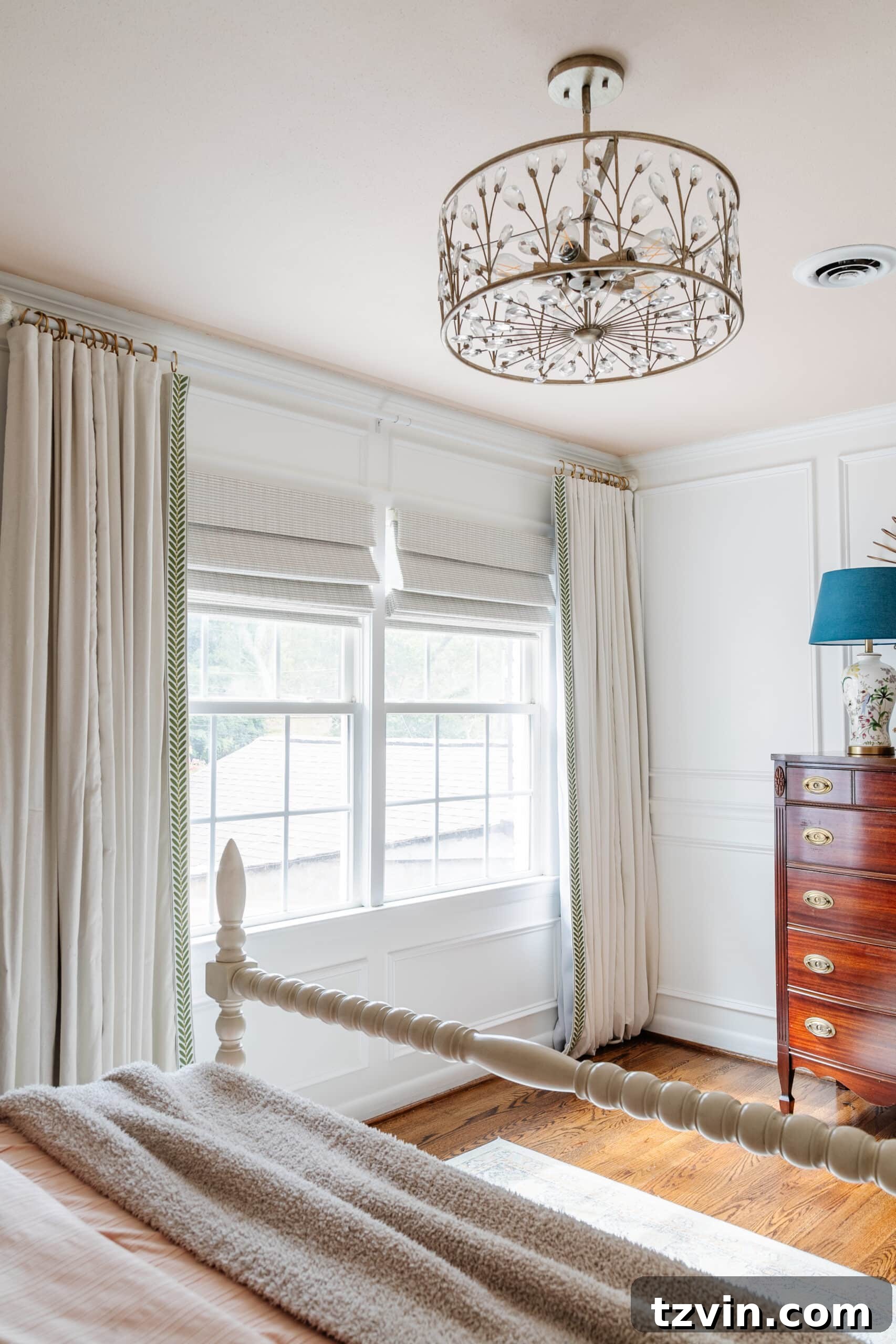 Chic No-Sew Curtains: Easy DIY with Designer Trim 3 Close-up of passementerie DIY no-sew curtains with trim detail in a bedroom setting